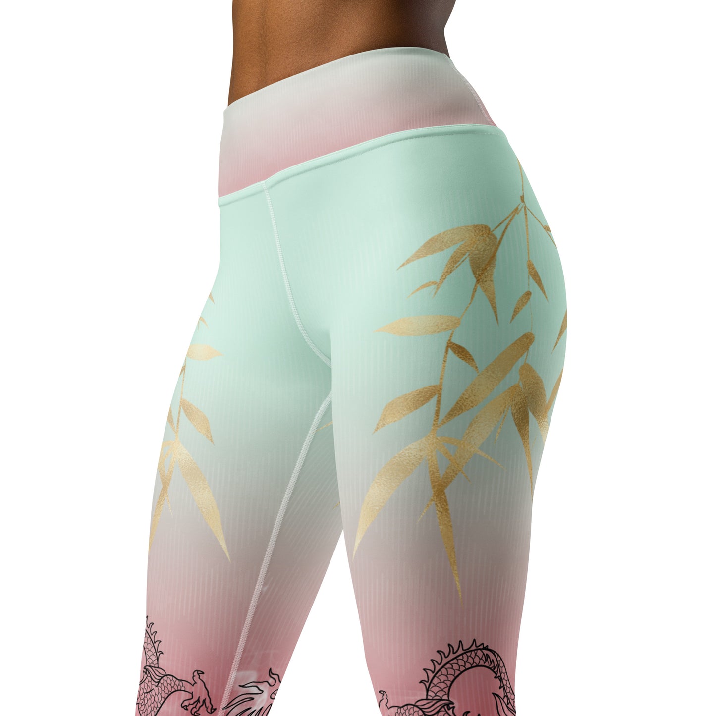 Yoga Leggings - Dragon, White Smoke, Gold Leaf, Gradient 3 Background