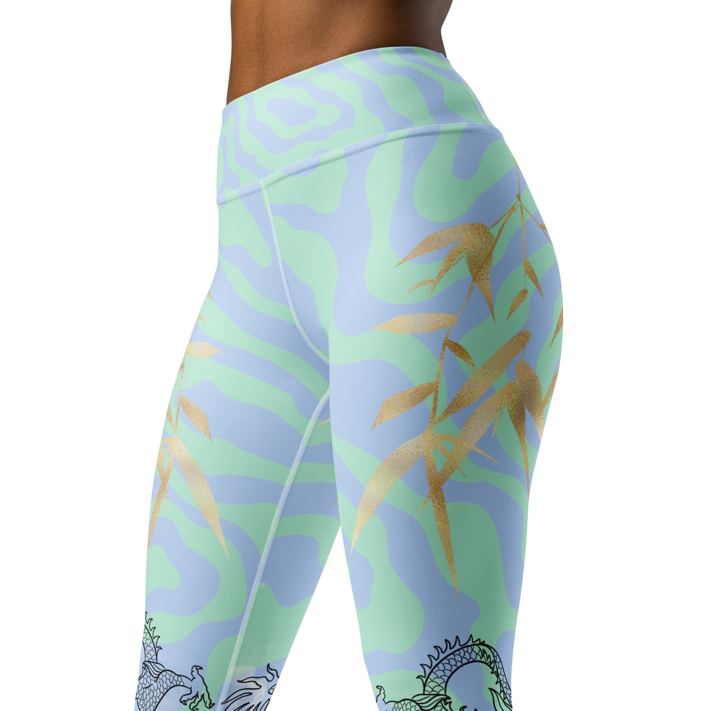 Yoga Leggings - Dragon, White Smoke, Gold Leaf, Green and Blue Swirl Background