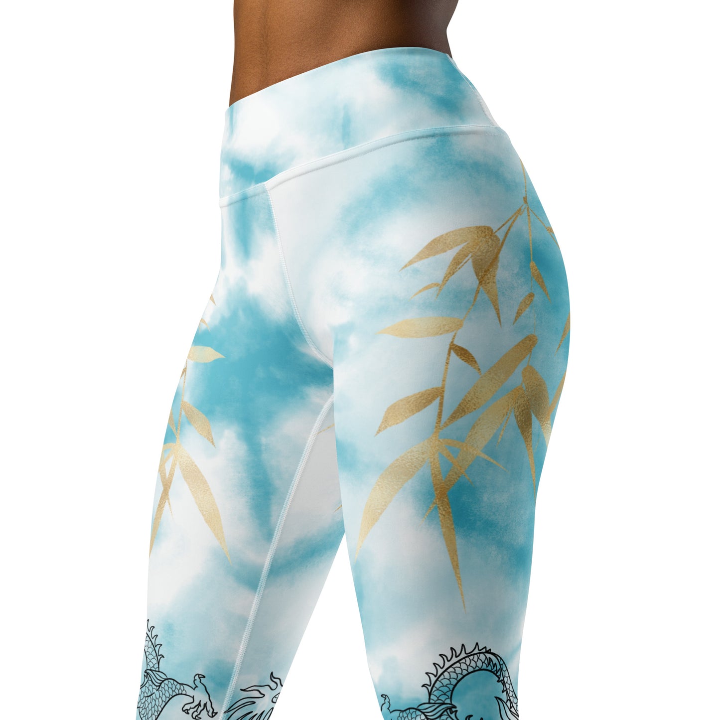 Yoga Leggings - Dragon, White Smoke, Gold Leaf, Light Blue Tie Dye Background