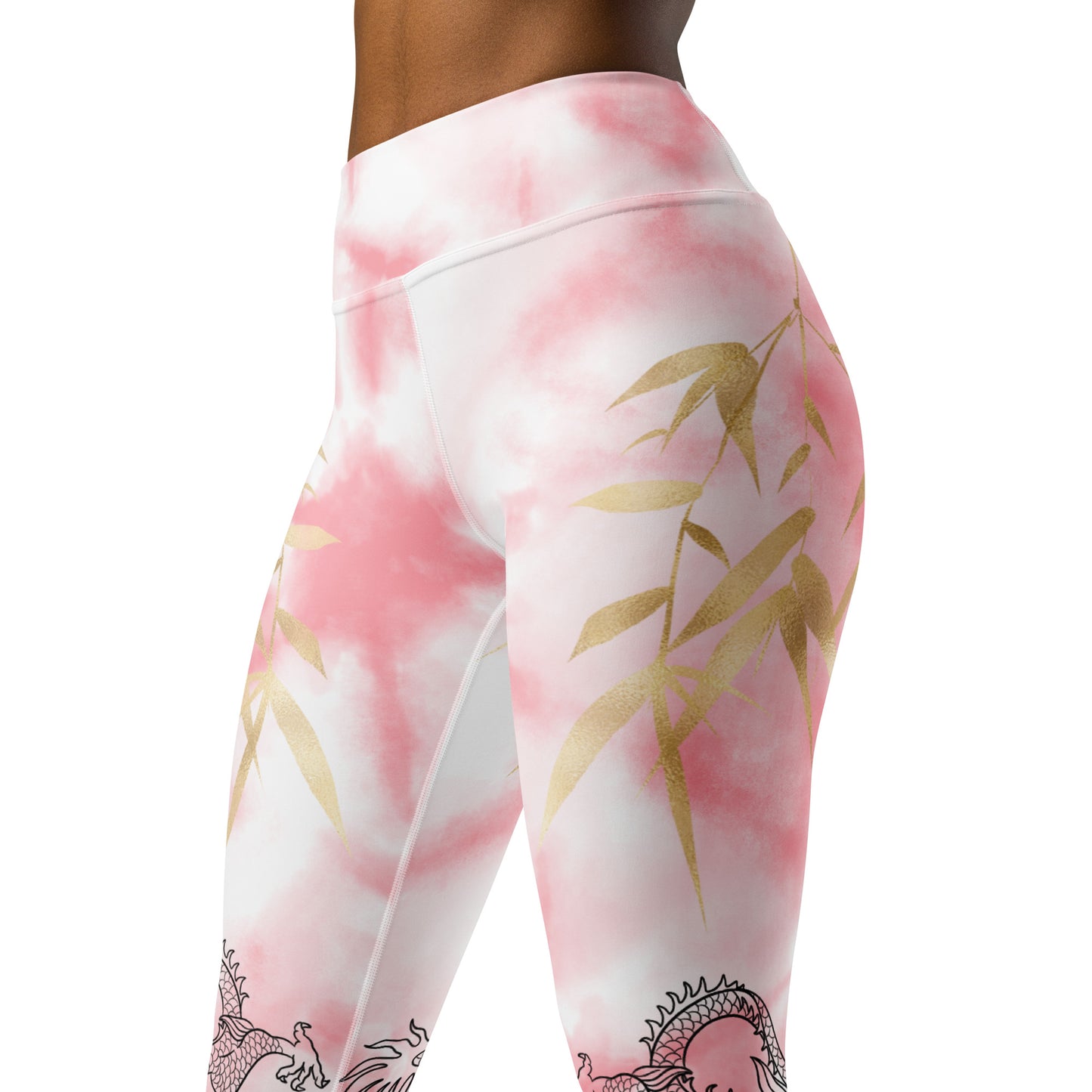 Yoga Leggings - Dragon, White Smoke, Gold Leaf, Pink Tie Dye Background