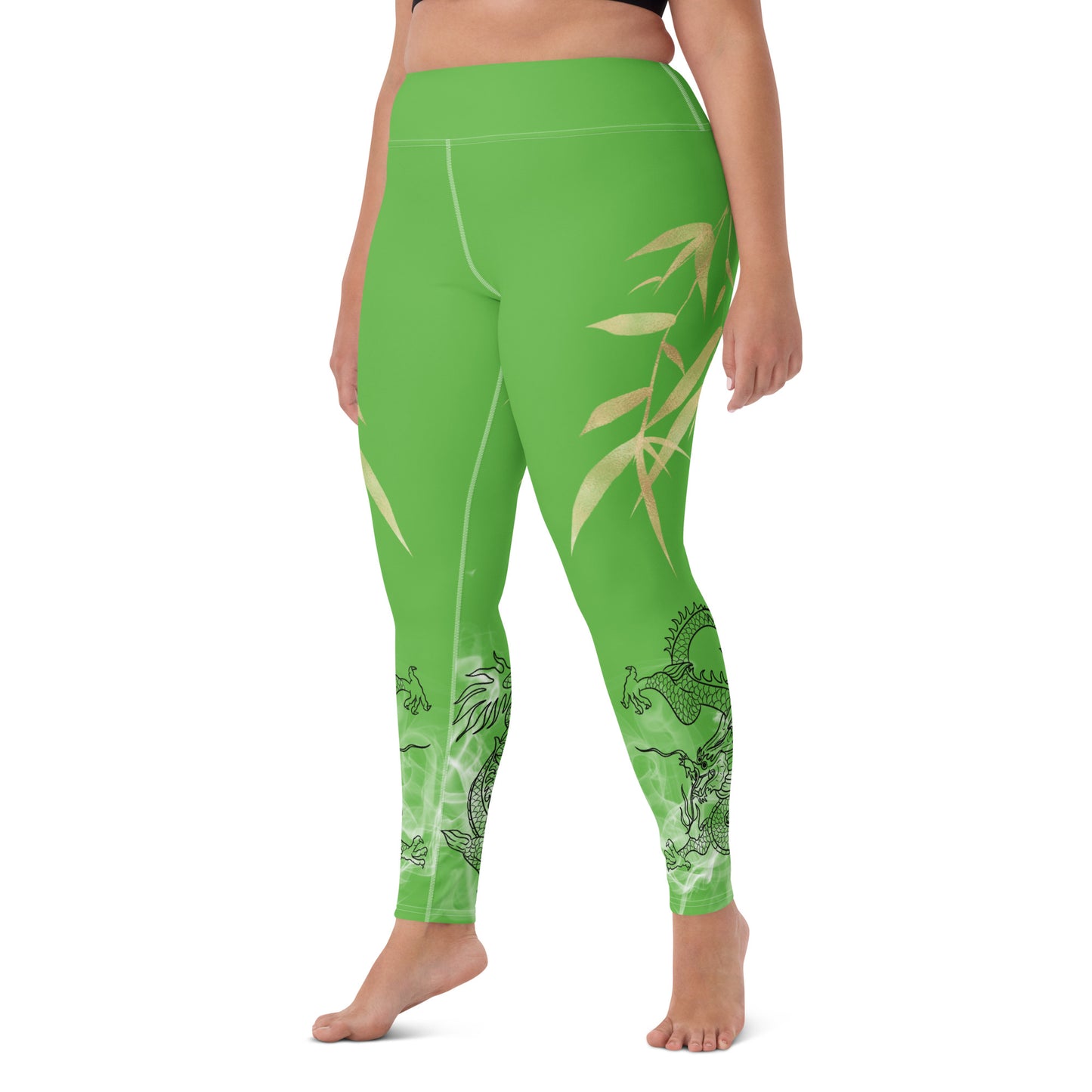 Yoga Leggings - Dragon, White Smoke, Gold Leaf, Kelly Green Background