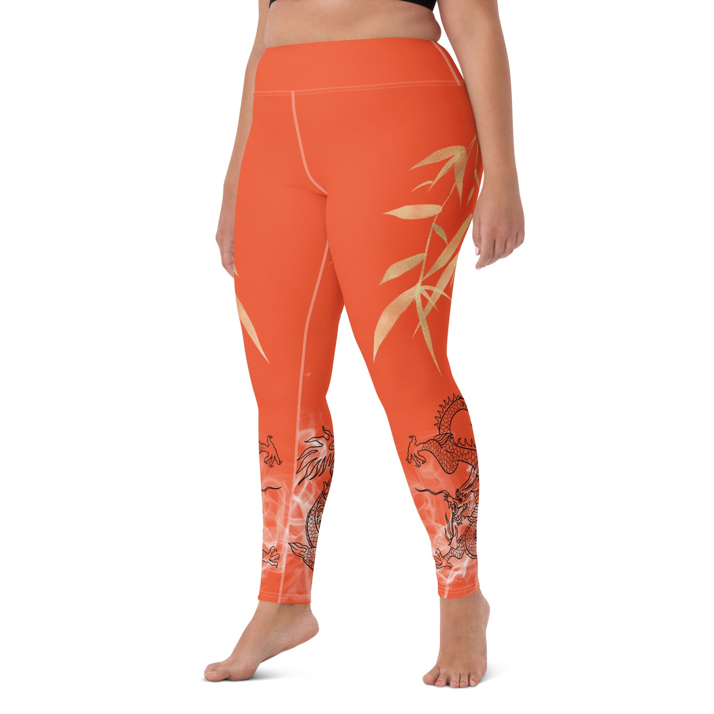 Yoga Leggings - Dragon, White Smoke, Gold Leaf, Outrageous Orange Background