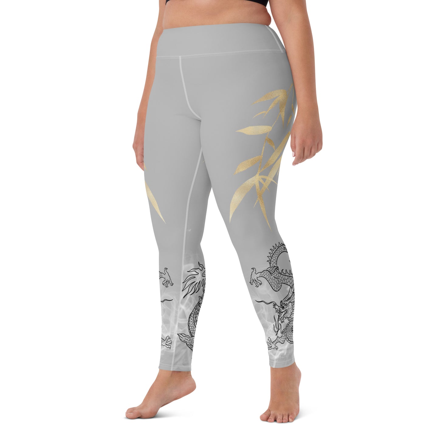 Yoga Leggings - Dragon, White Smoke, Gold Leaf, Silver Background