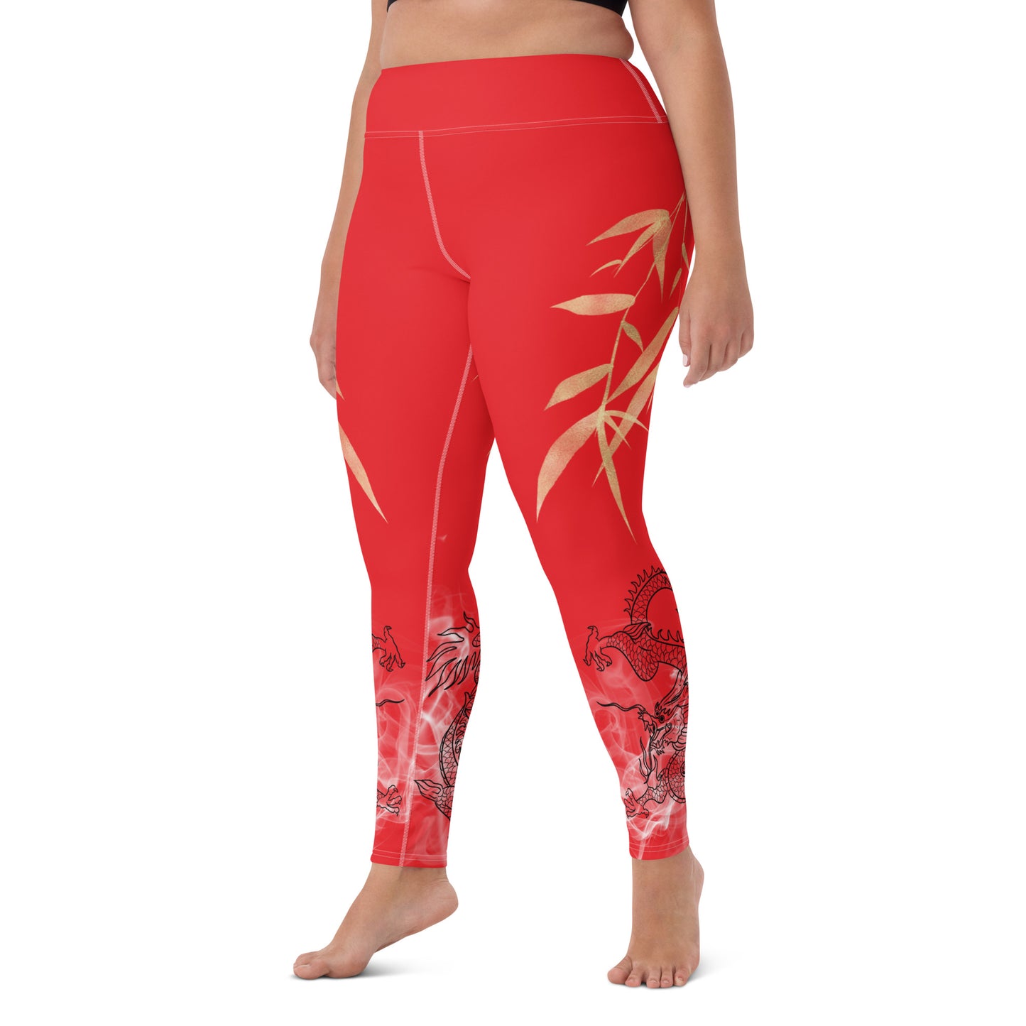 Yoga Leggings - Dragon, White Smoke, Gold Leaf, Alizarin Red Background