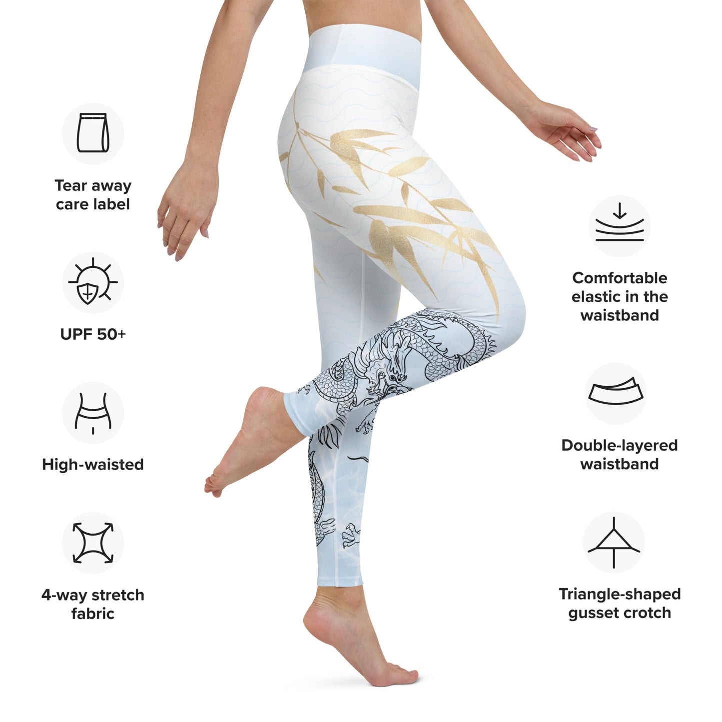 Yoga Leggings - Dragon, White Smoke, Gold Leaf, Gradient 1 Background