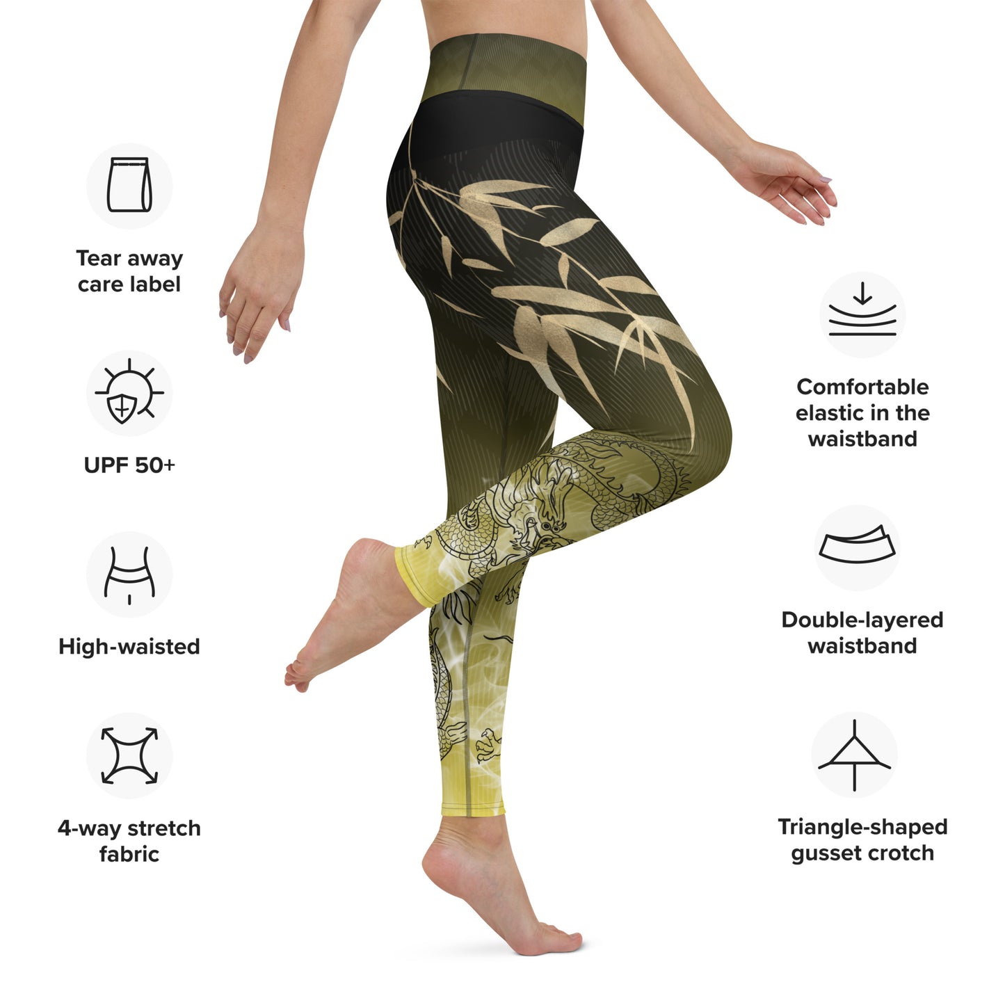 Yoga Leggings - Dragon, White Smoke, Gold Leaf, Gradient 2 Background