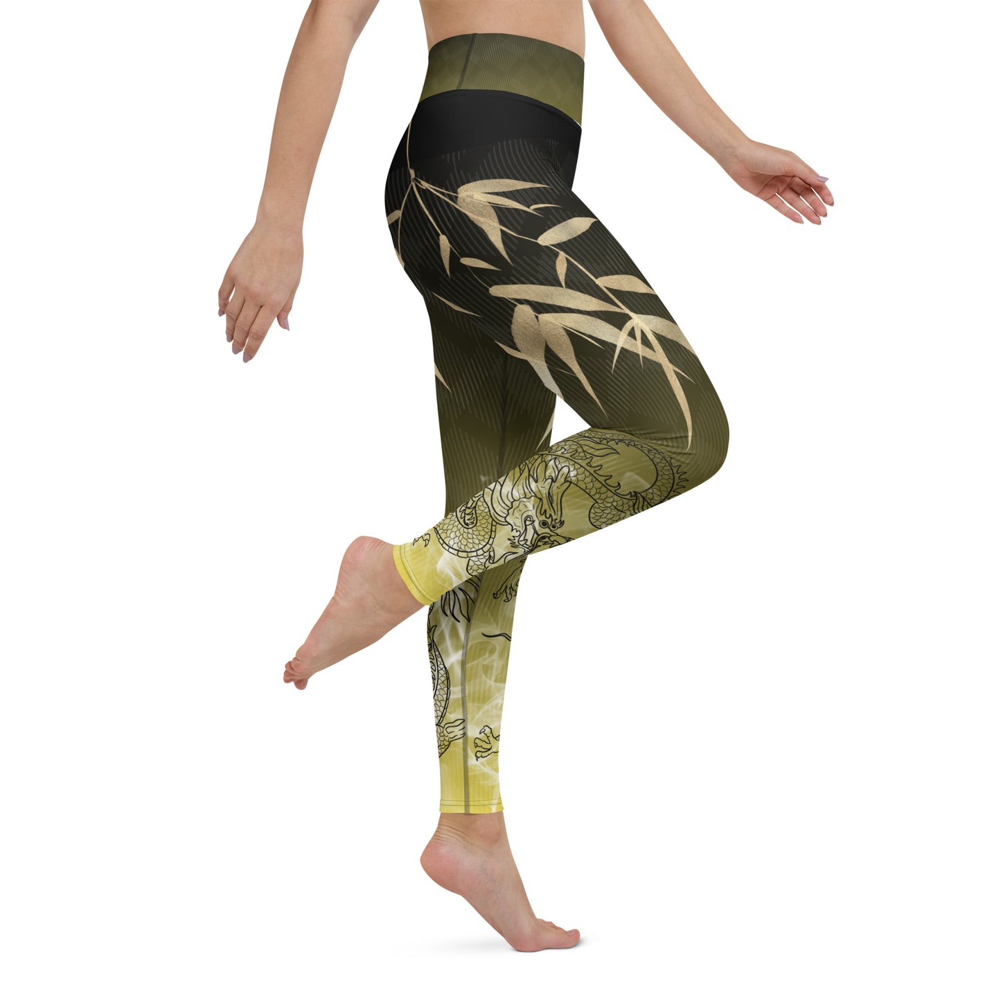 Yoga Leggings - Dragon, White Smoke, Gold Leaf, Gradient 2 Background