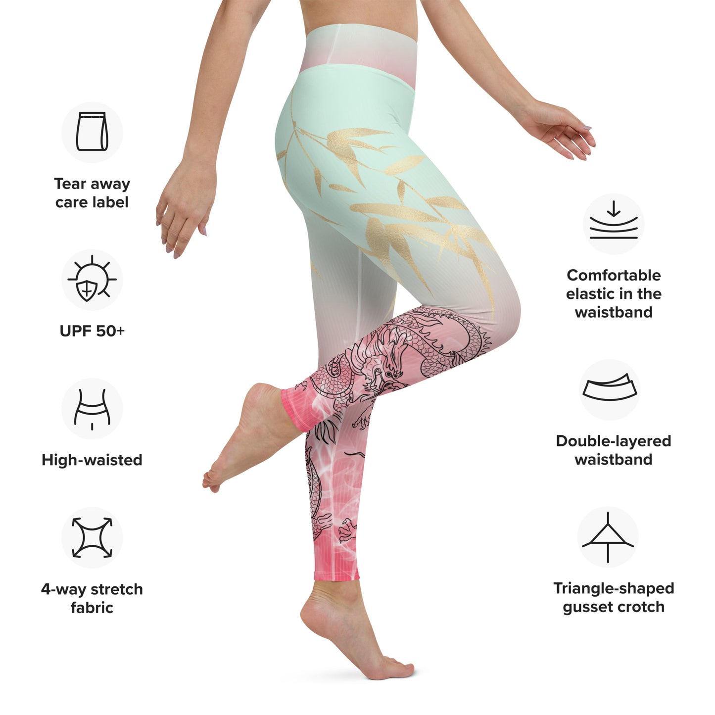 Yoga Leggings - Dragon, White Smoke, Gold Leaf, Gradient 3 Background