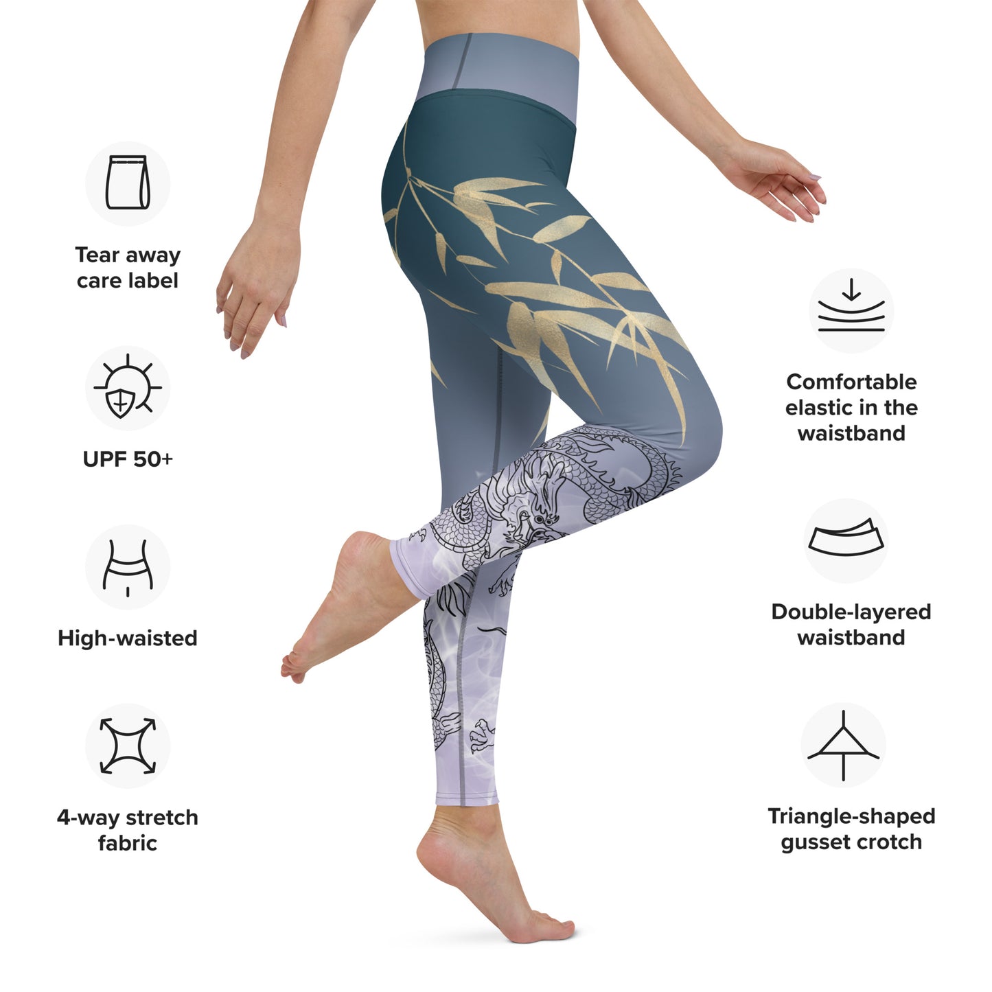 Yoga Leggings - Dragon, White Smoke, Gold Leaf, Gradient 4 Background