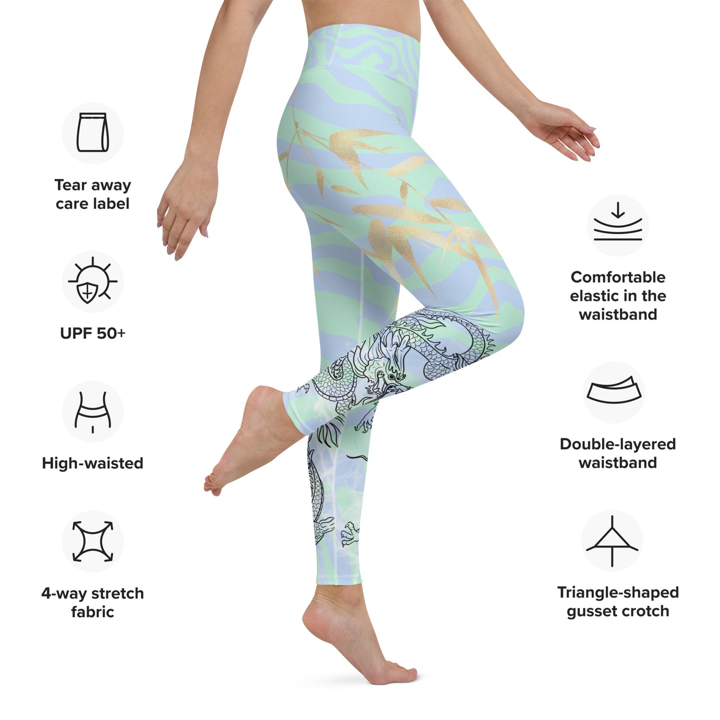 Yoga Leggings - Dragon, White Smoke, Gold Leaf, Green and Blue Swirl Background