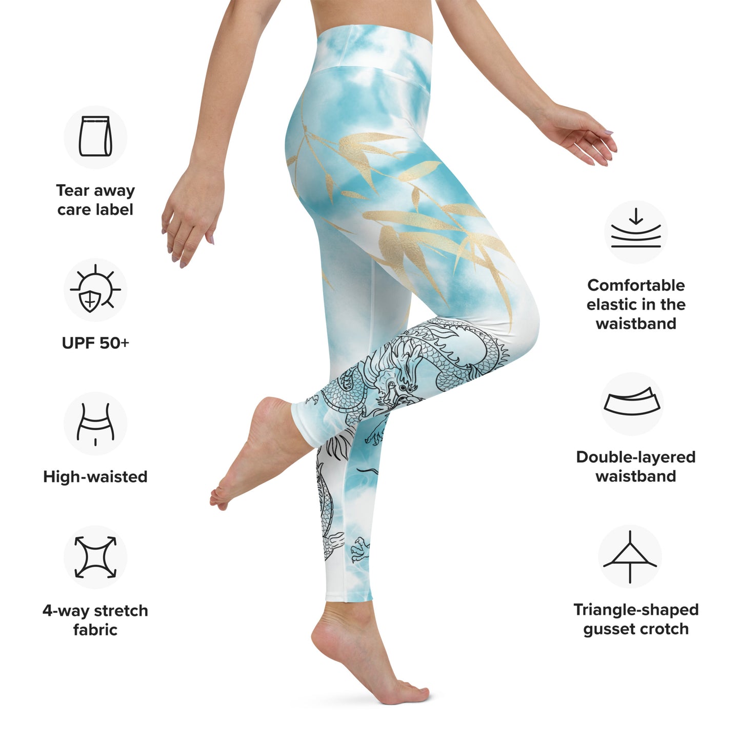 Yoga Leggings - Dragon, White Smoke, Gold Leaf, Light Blue Tie Dye Background