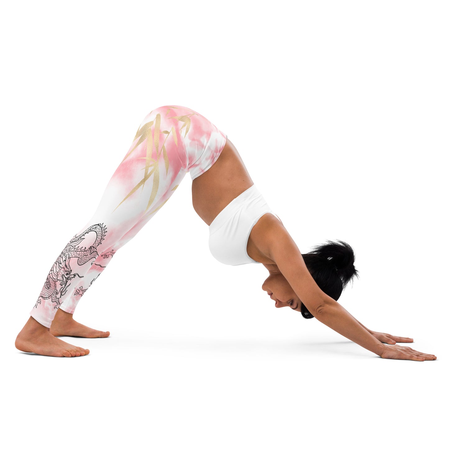 Yoga Leggings - Dragon, White Smoke, Gold Leaf, Pink Tie Dye Background