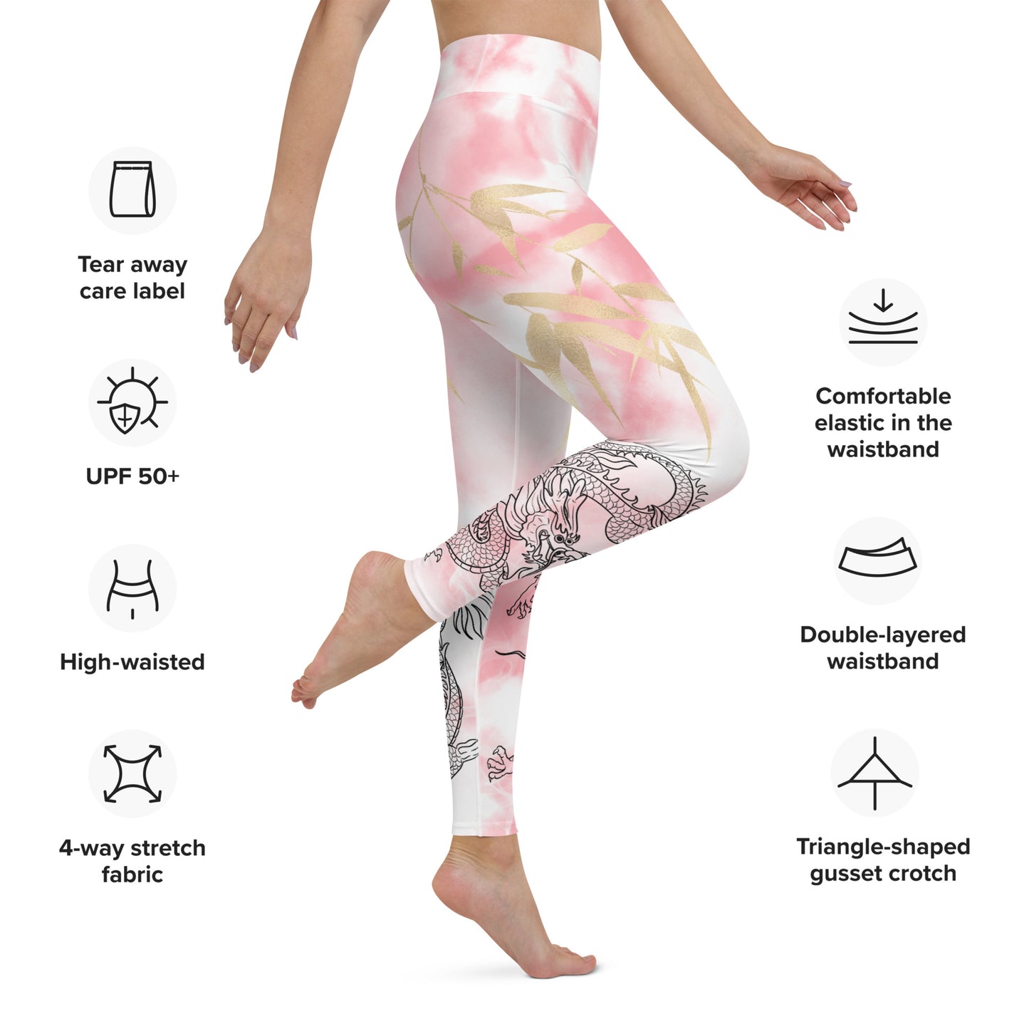 Yoga Leggings - Dragon, White Smoke, Gold Leaf, Pink Tie Dye Background