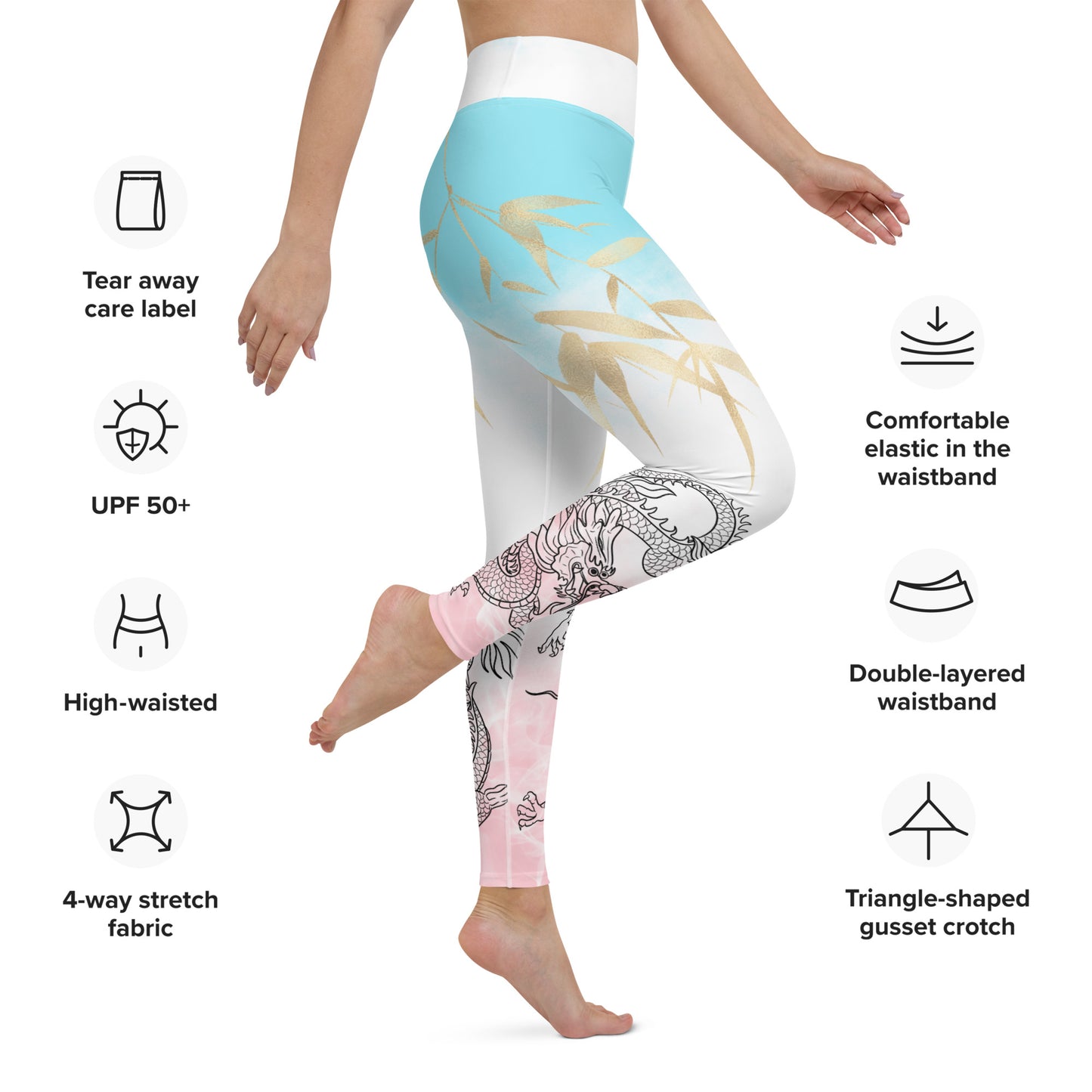 Yoga Leggings - Dragon, White Smoke, Gold Leaf, Pink and Blue Gradient Background