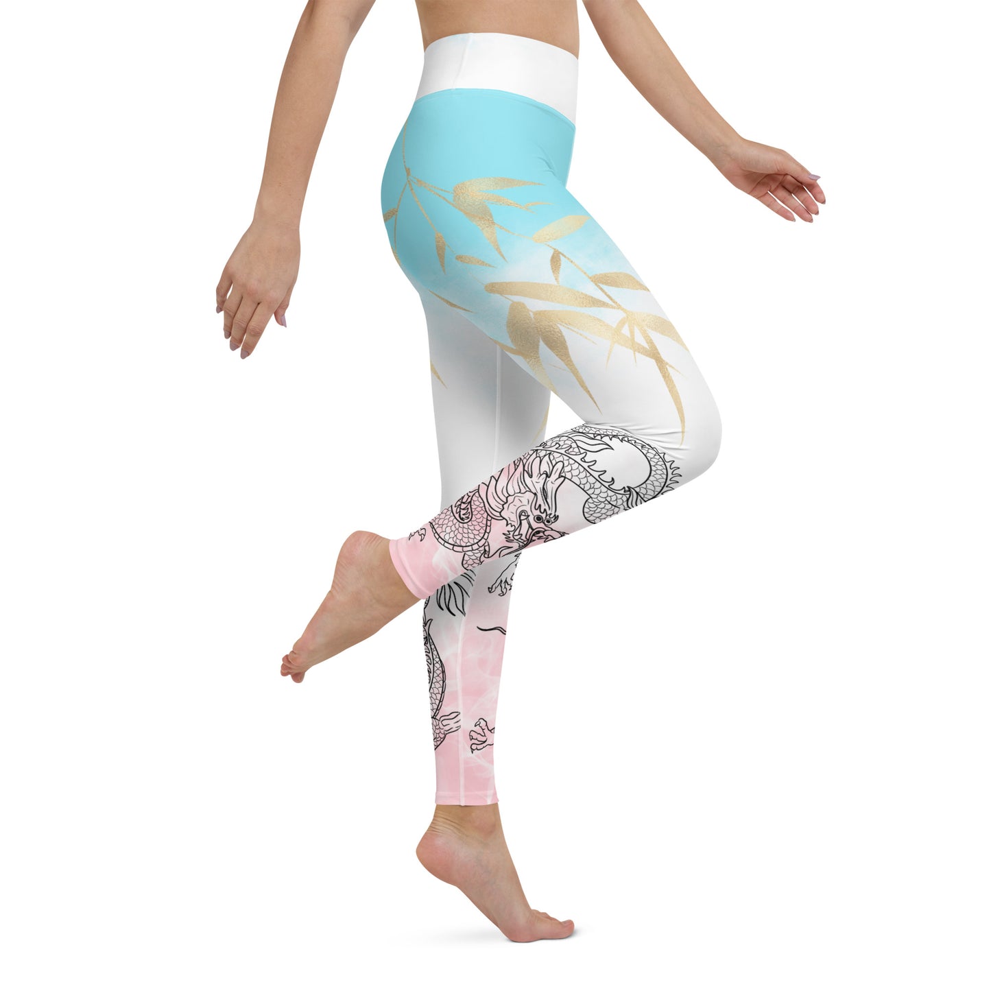 Yoga Leggings - Dragon, White Smoke, Gold Leaf, Pink and Blue Gradient Background