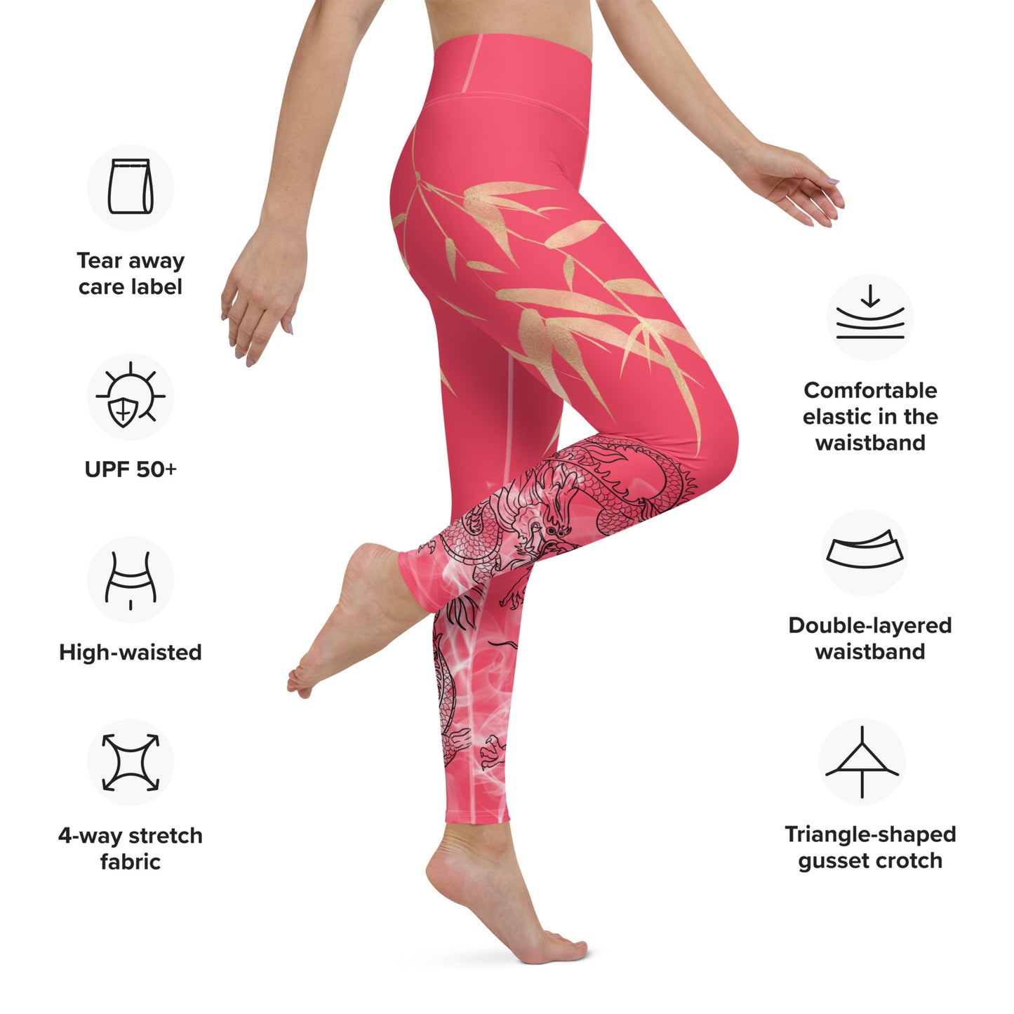 Yoga Leggings - Dragon, White Smoke, Gold Leaf, Radical Red Background