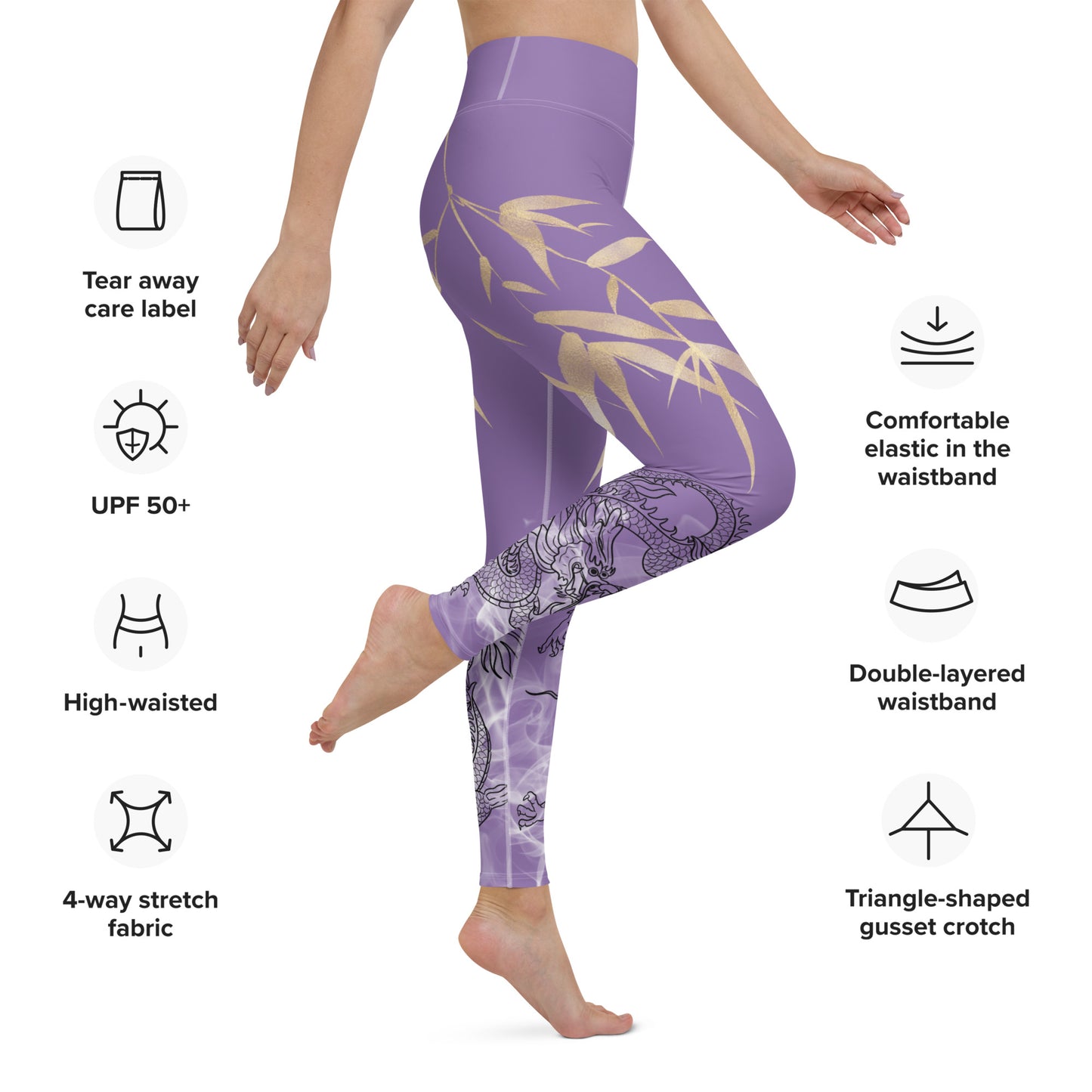 Yoga Leggings - Dragon, White Smoke, Gold Leaf, Ce Soir Purple Background