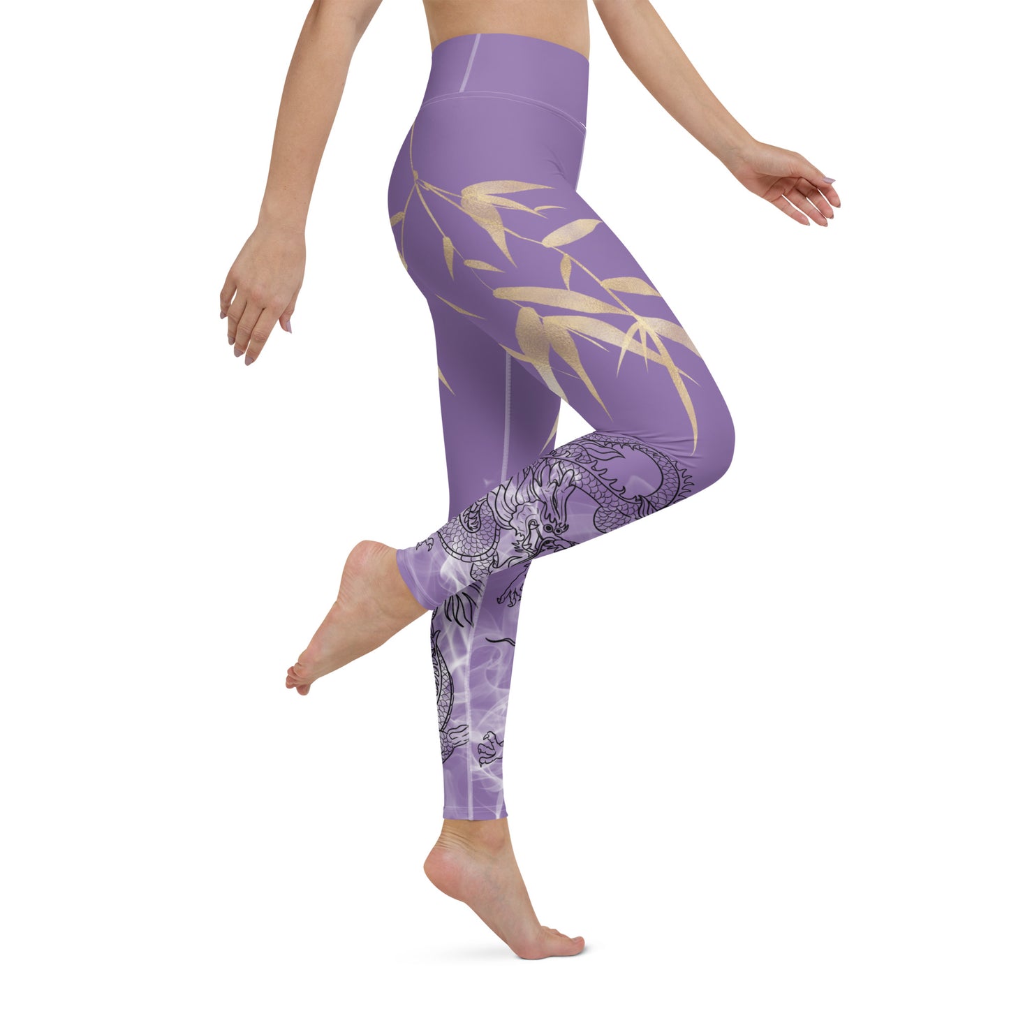 Yoga Leggings - Dragon, White Smoke, Gold Leaf, Ce Soir Purple Background