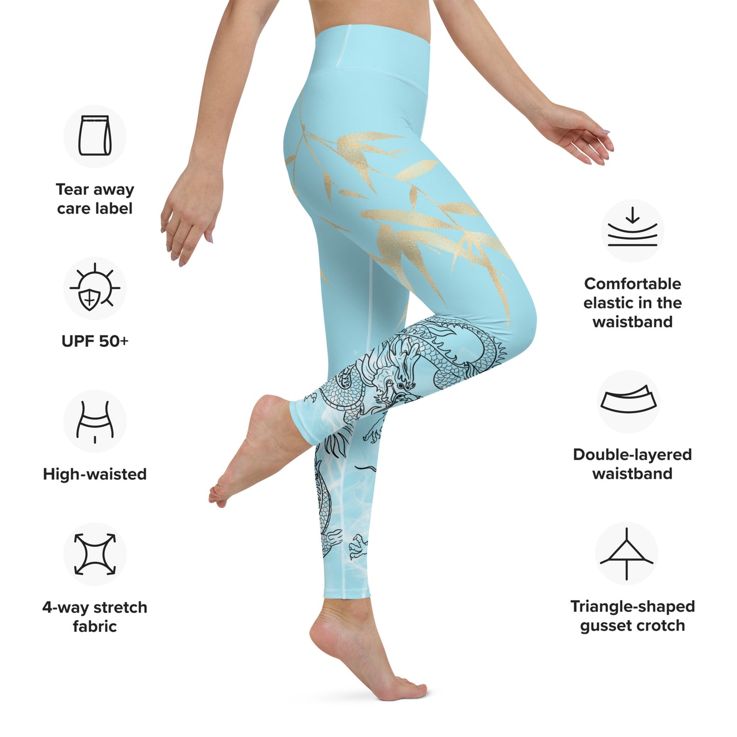 Yoga Leggings - Dragon, White Smoke, Gold Leaf, Blizzard Blue Background