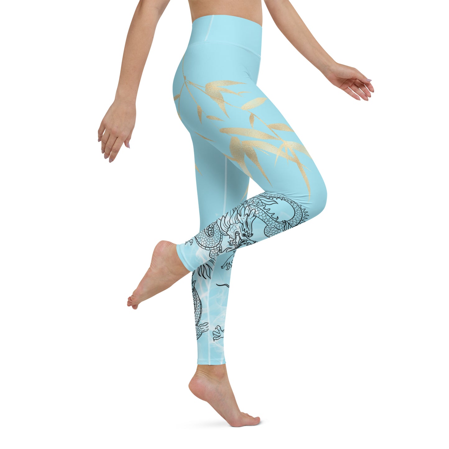 Yoga Leggings - Dragon, White Smoke, Gold Leaf, Blizzard Blue Background