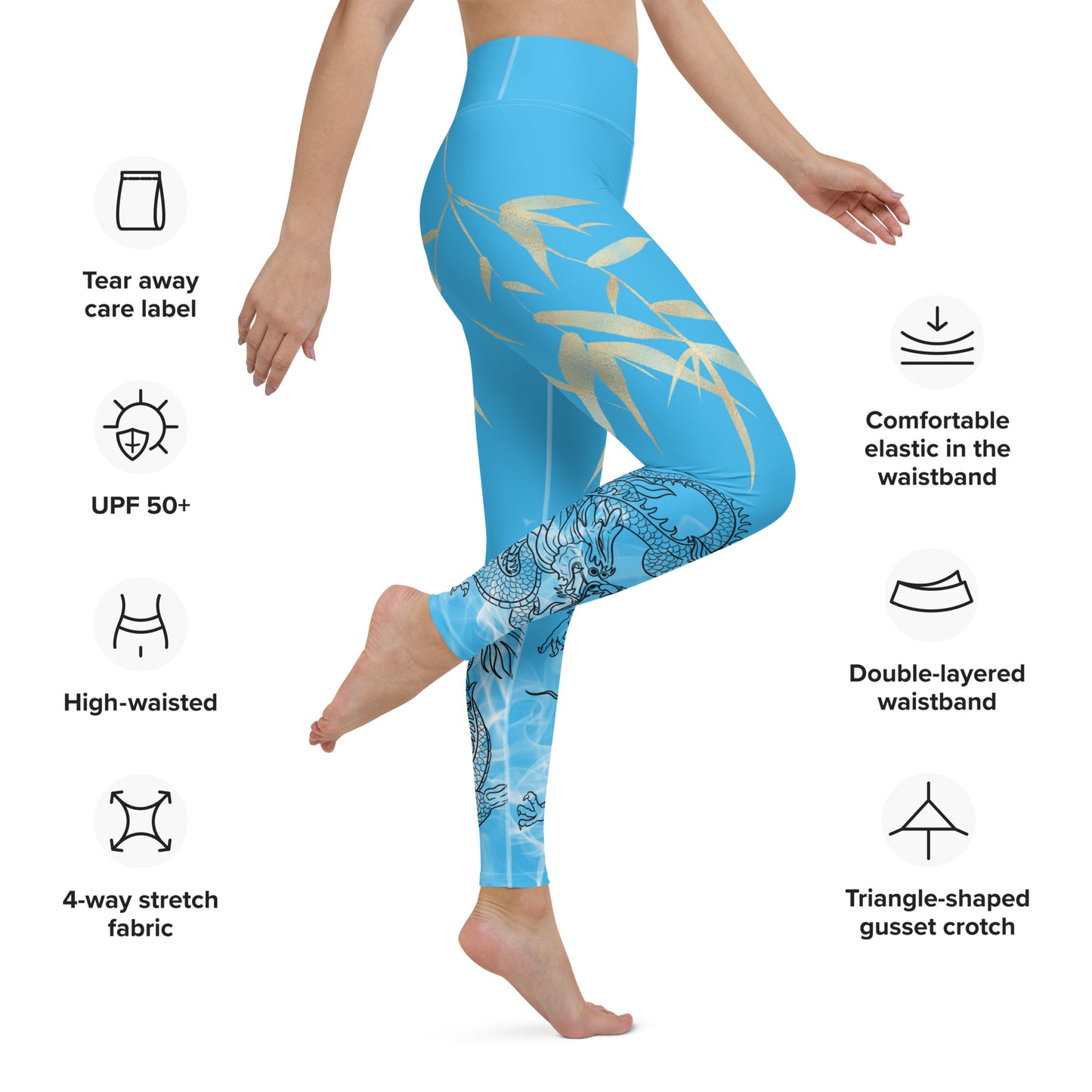 Yoga Leggings - Dragon, White Smoke, Gold Leaf, Deep Sky Blue Background