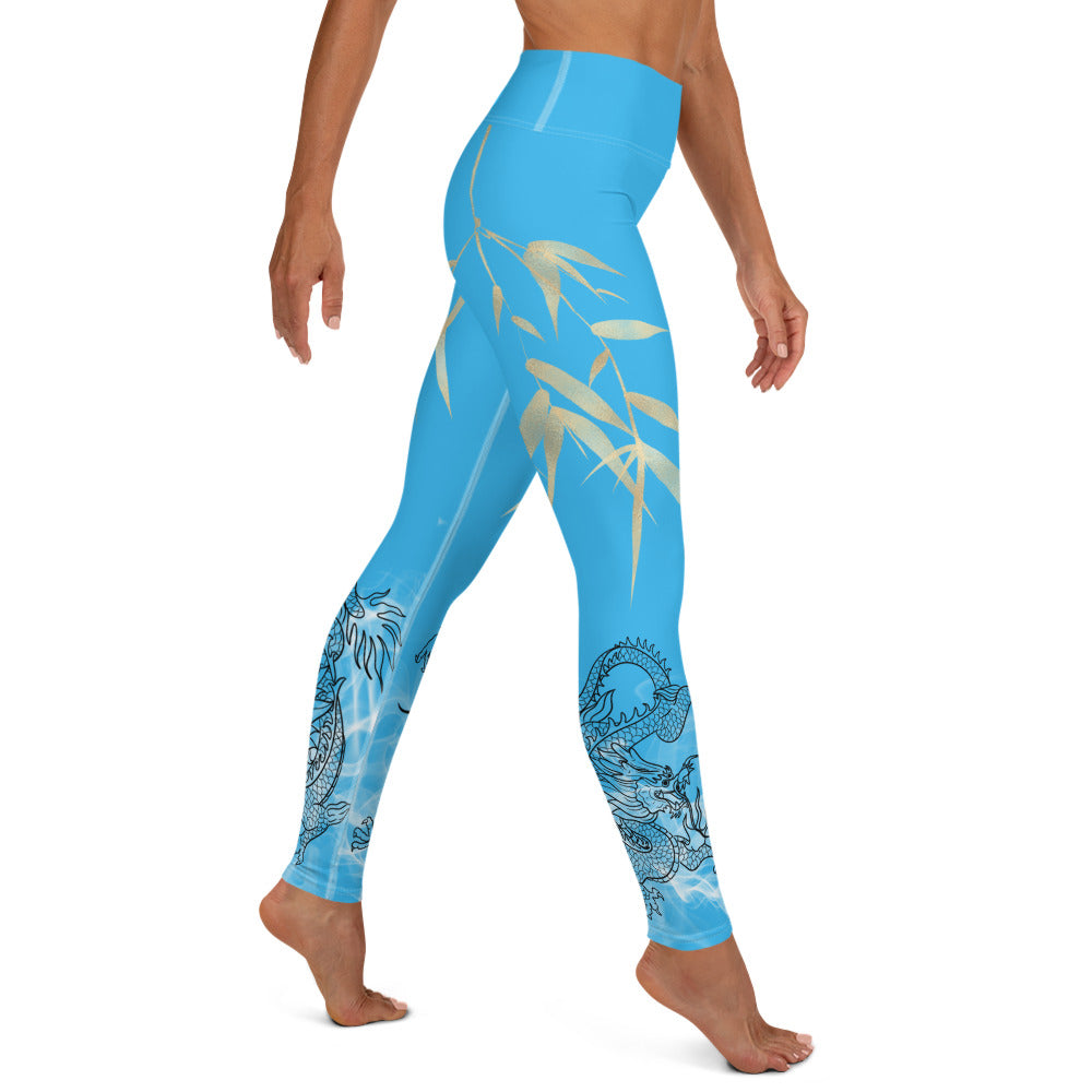 Yoga Leggings - Dragon, White Smoke, Gold Leaf, Deep Sky Blue Background