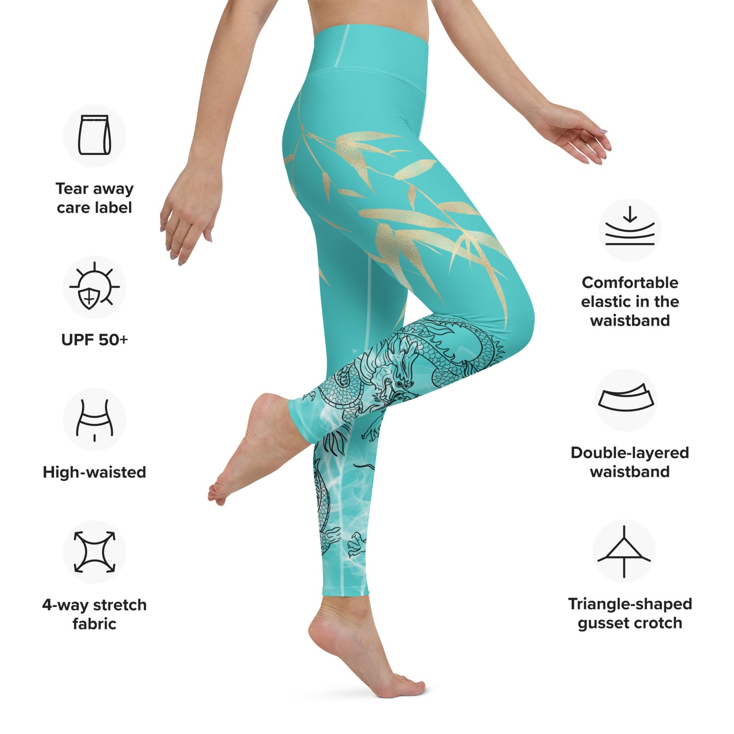 Yoga Leggings - Dragon, White Smoke, Gold Leaf, Dark Turquoise Background