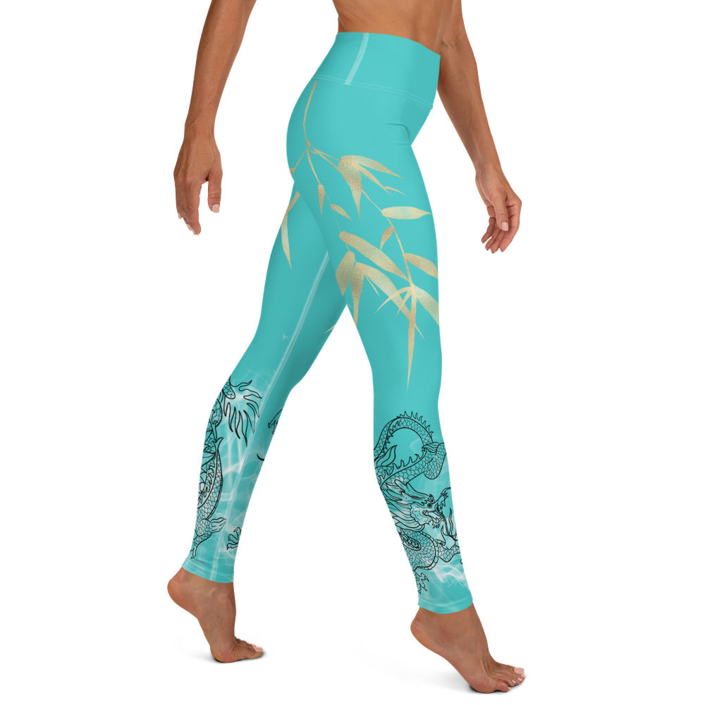 Yoga Leggings - Dragon, White Smoke, Gold Leaf, Dark Turquoise Background