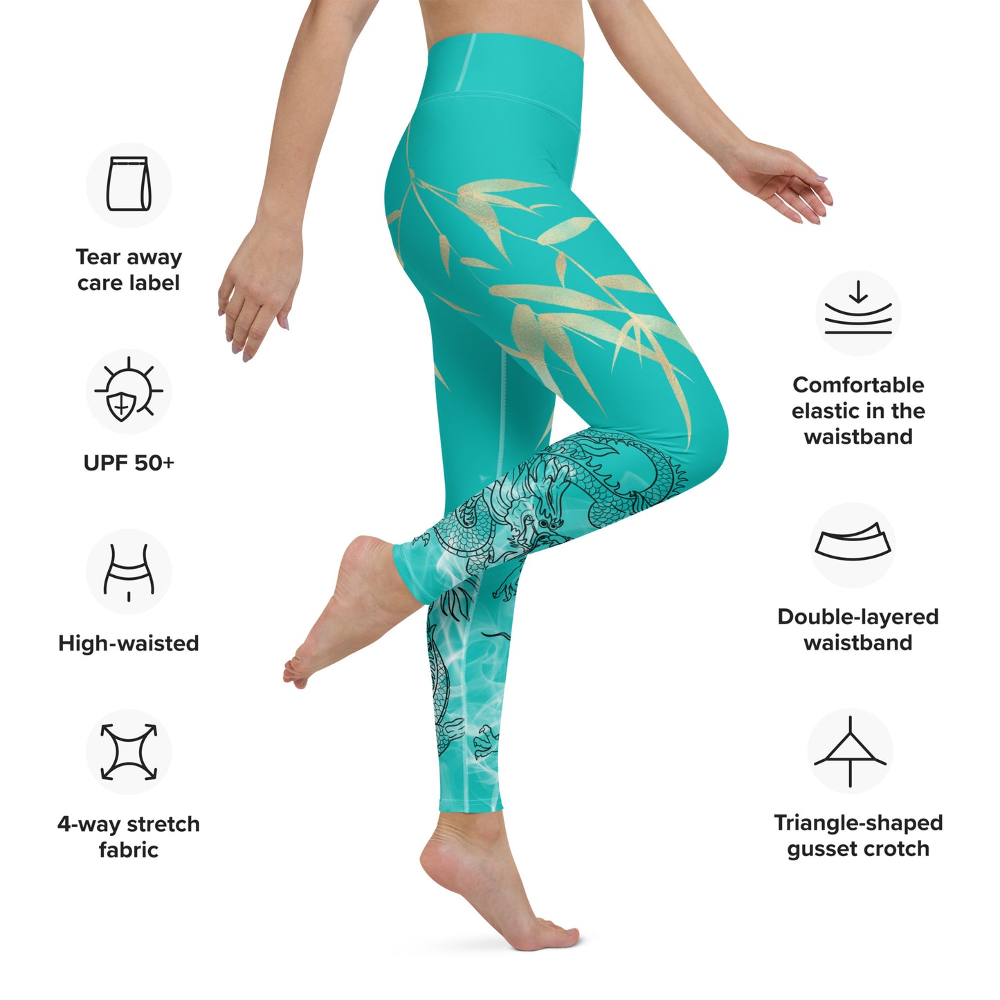 Yoga Leggings - Dragon, White Smoke, Gold Leaf, Iris Blue not Dark Turquoise Background