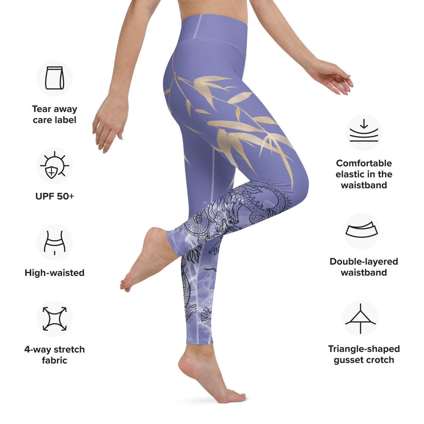 Yoga Leggings - Dragon, White Smoke, Gold Leaf, Chetwode Blue Purple Background