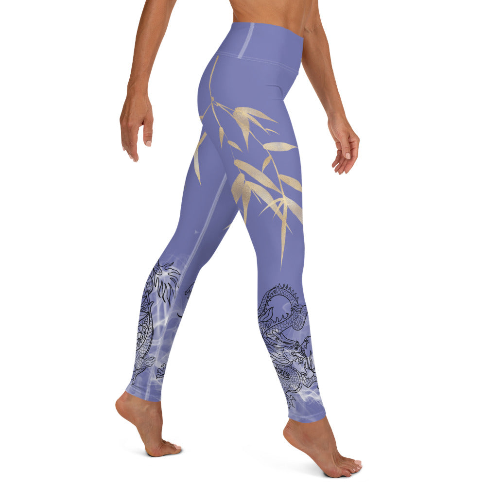 Yoga Leggings - Dragon, White Smoke, Gold Leaf, Chetwode Blue Purple Background