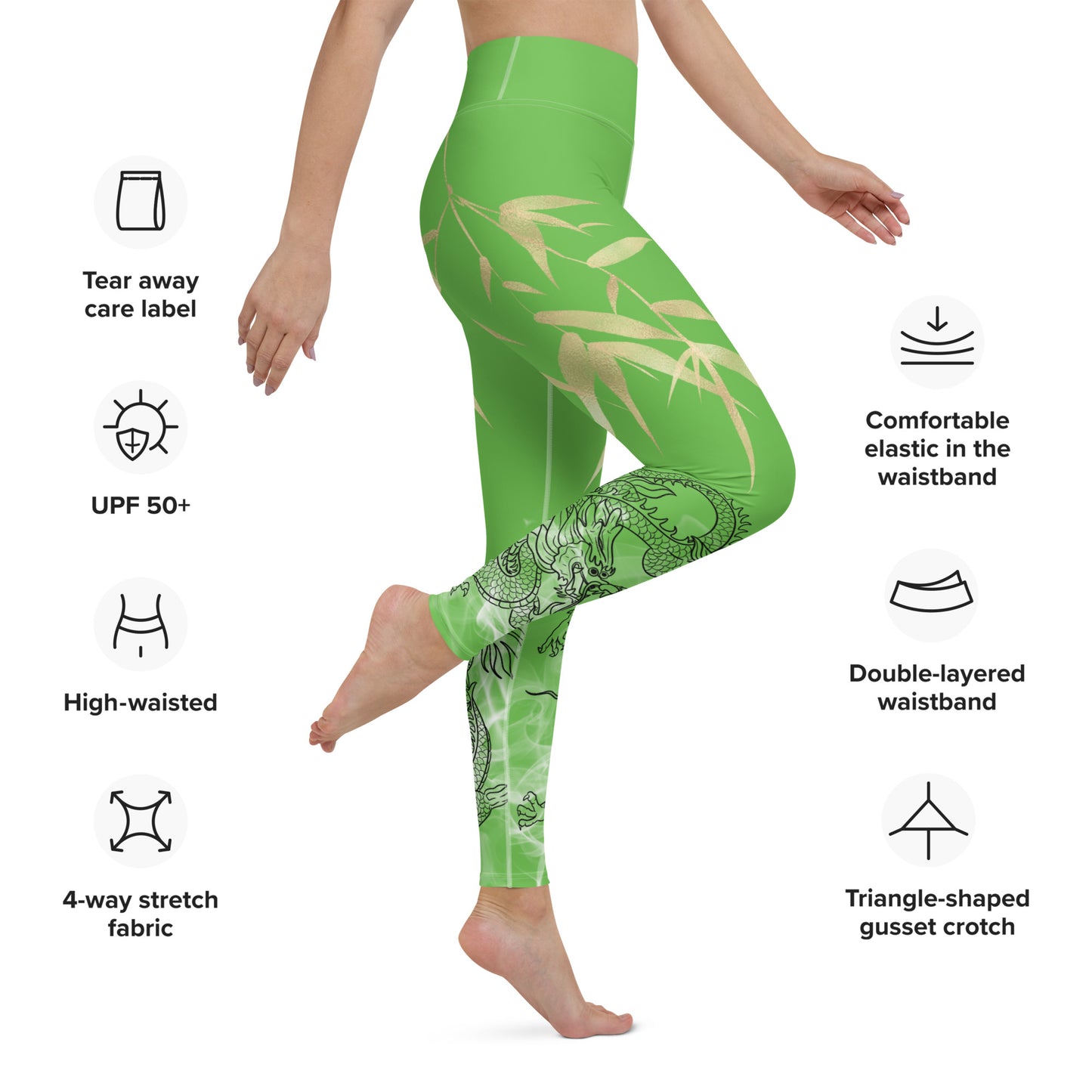 Yoga Leggings - Dragon, White Smoke, Gold Leaf, Kelly Green Background