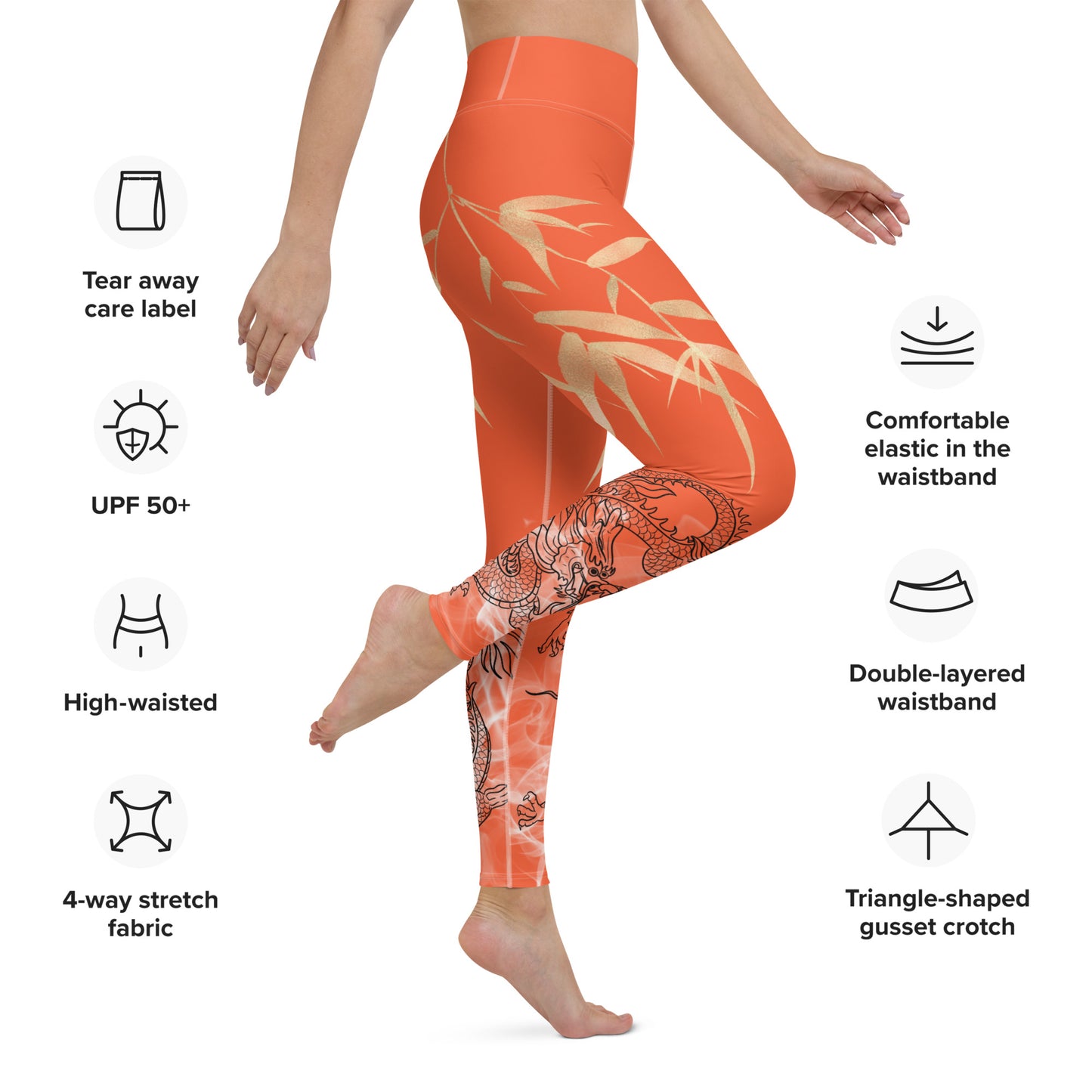 Yoga Leggings - Dragon, White Smoke, Gold Leaf, Outrageous Orange Background