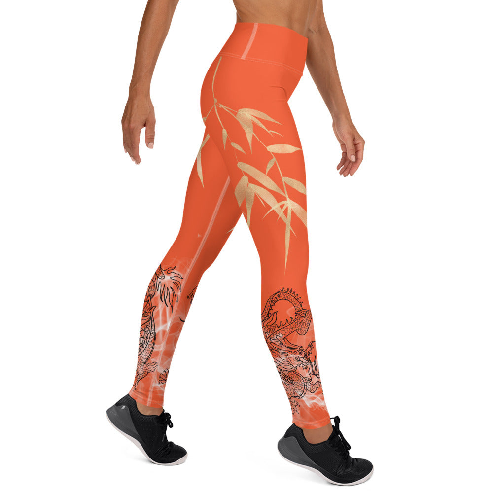 Yoga Leggings - Dragon, White Smoke, Gold Leaf, Outrageous Orange Background