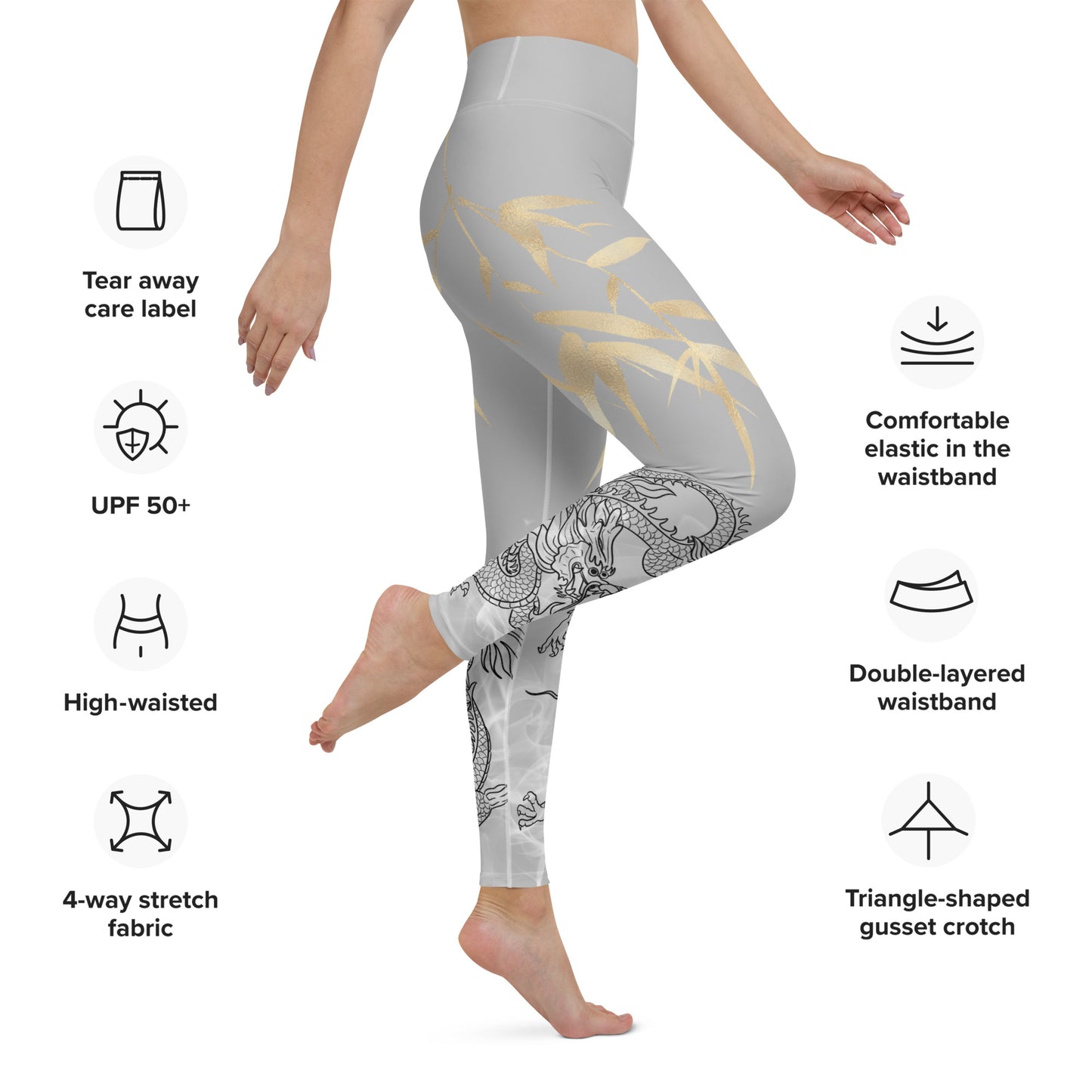 Yoga Leggings - Dragon, White Smoke, Gold Leaf, Silver Background