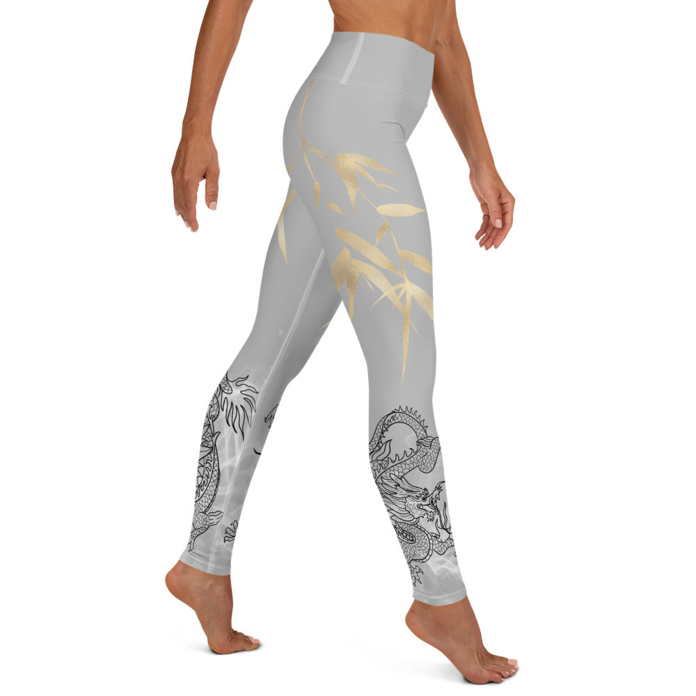 Yoga Leggings - Dragon, White Smoke, Gold Leaf, Silver Background