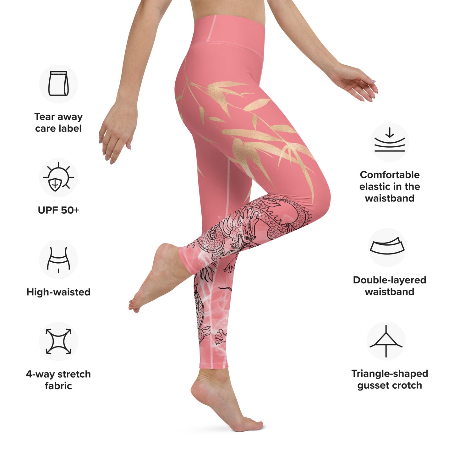 Yoga Leggings - Dragon, White Smoke, Gold Leaf, Froly Pink Peach Background