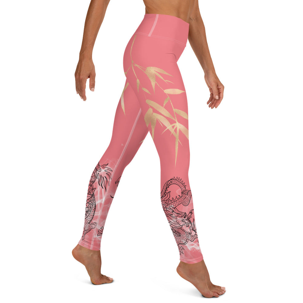 Yoga Leggings - Dragon, White Smoke, Gold Leaf, Froly Pink Peach Background