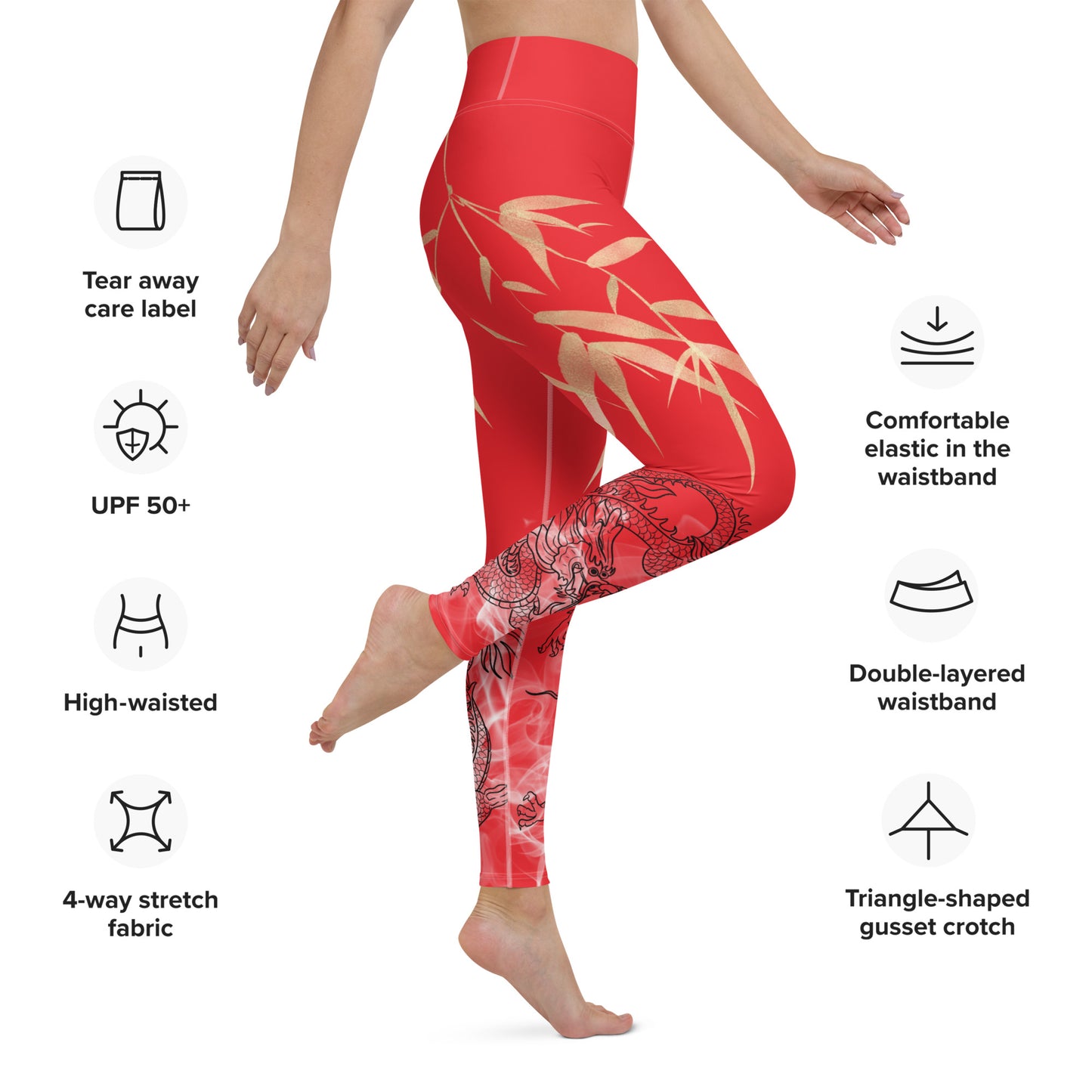 Yoga Leggings - Dragon, White Smoke, Gold Leaf, Alizarin Red Background