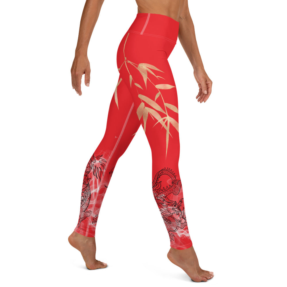 Yoga Leggings - Dragon, White Smoke, Gold Leaf, Alizarin Red Background