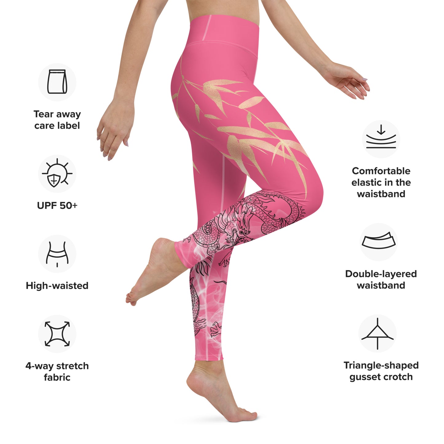 Yoga Leggings - Dragon, White Smoke, Gold Leaf, Brink Pink Background