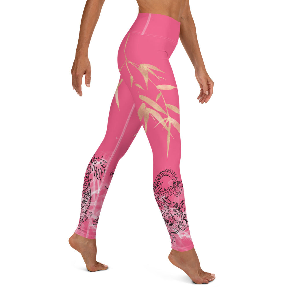 Yoga Leggings - Dragon, White Smoke, Gold Leaf, Brink Pink Background