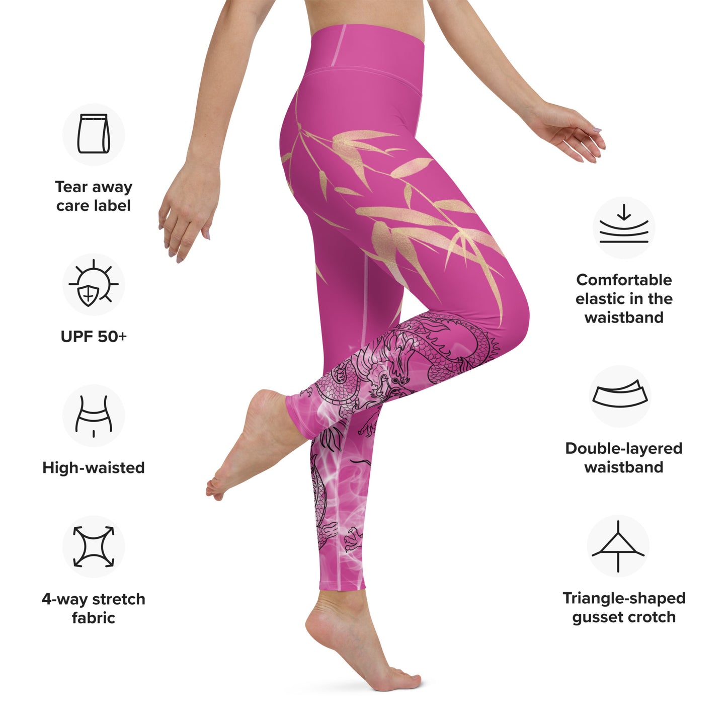 Yoga Leggings - Dragon, White Smoke, Gold Leaf, Deep Cerise Pink Purple Background