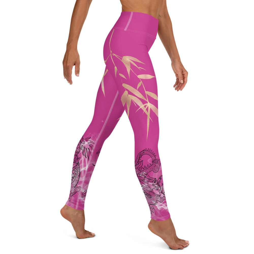 Yoga Leggings - Dragon, White Smoke, Gold Leaf, Deep Cerise Pink Purple Background