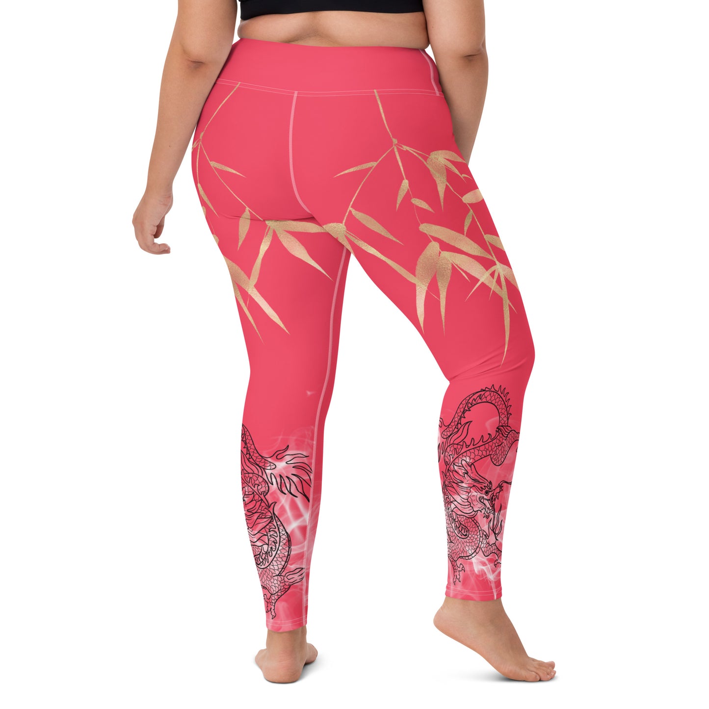 Yoga Leggings - Dragon, White Smoke, Gold Leaf, Radical Red Background