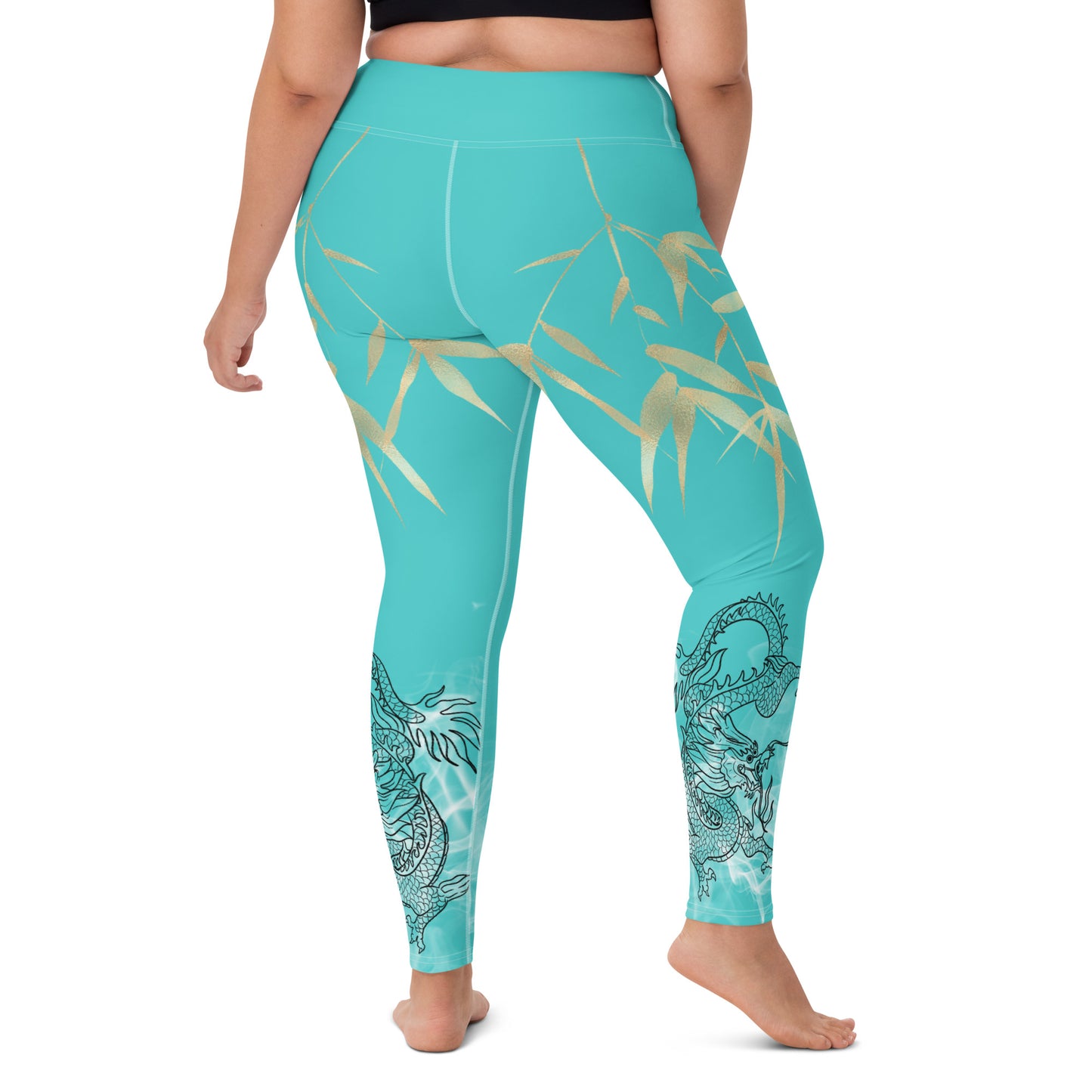 Yoga Leggings - Dragon, White Smoke, Gold Leaf, Dark Turquoise Background