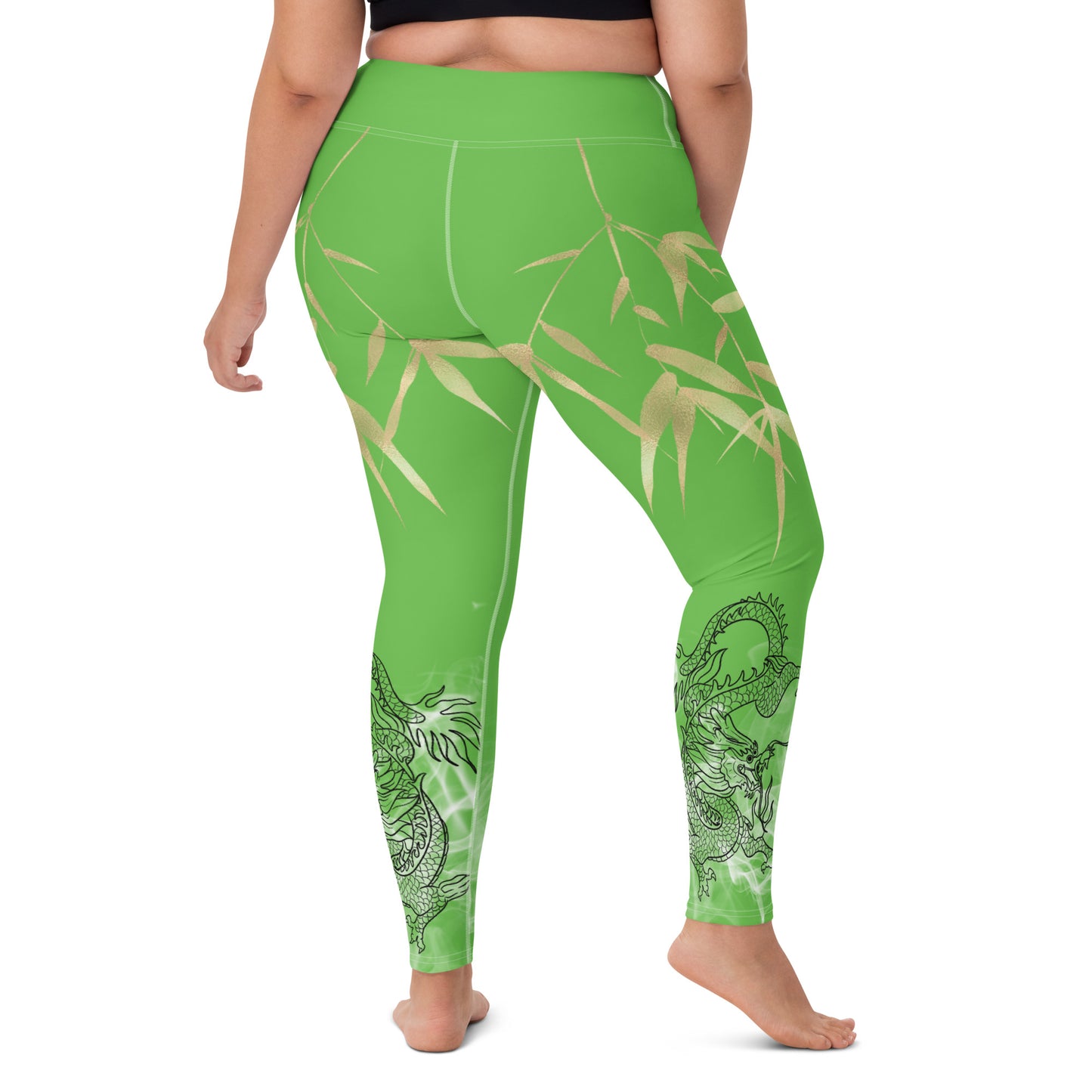 Yoga Leggings - Dragon, White Smoke, Gold Leaf, Kelly Green Background