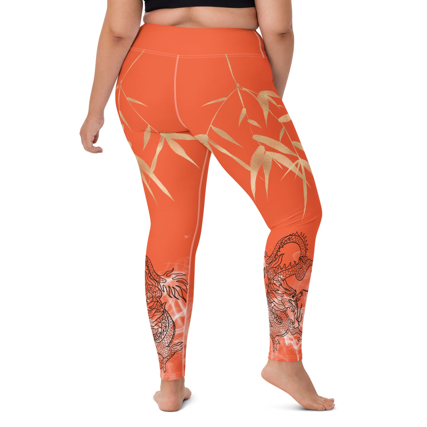 Yoga Leggings - Dragon, White Smoke, Gold Leaf, Outrageous Orange Background