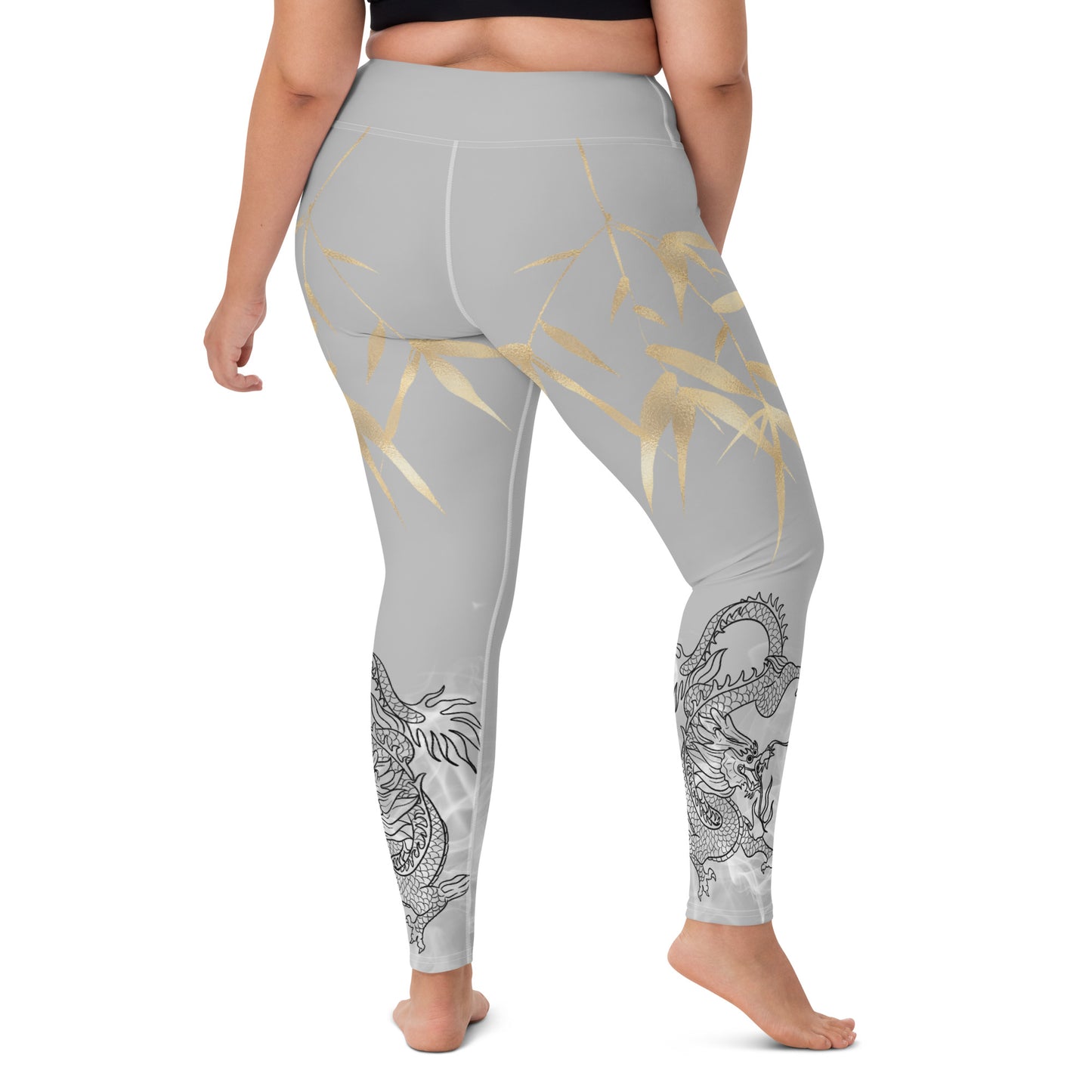 Yoga Leggings - Dragon, White Smoke, Gold Leaf, Silver Background