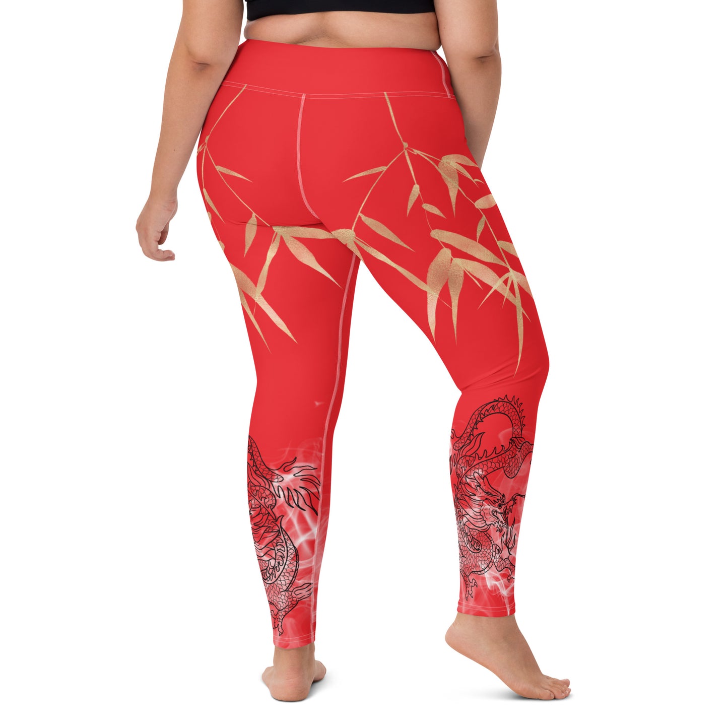 Yoga Leggings - Dragon, White Smoke, Gold Leaf, Alizarin Red Background